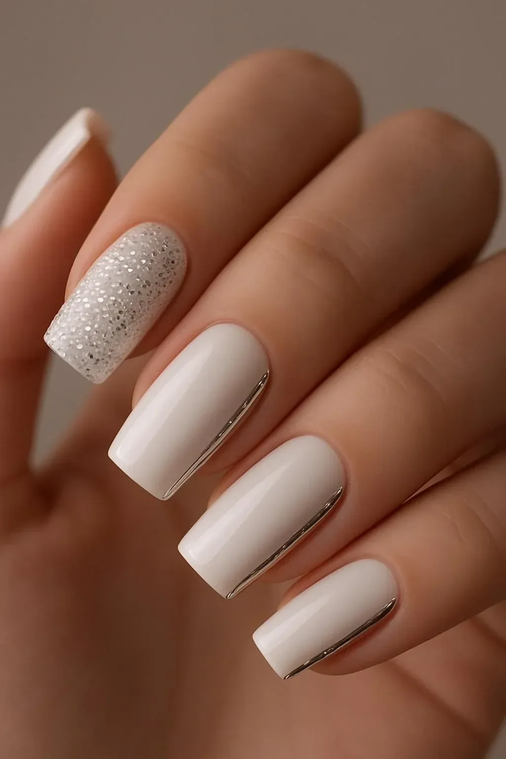 Glamorous silver wedding nails with unique designs for brides