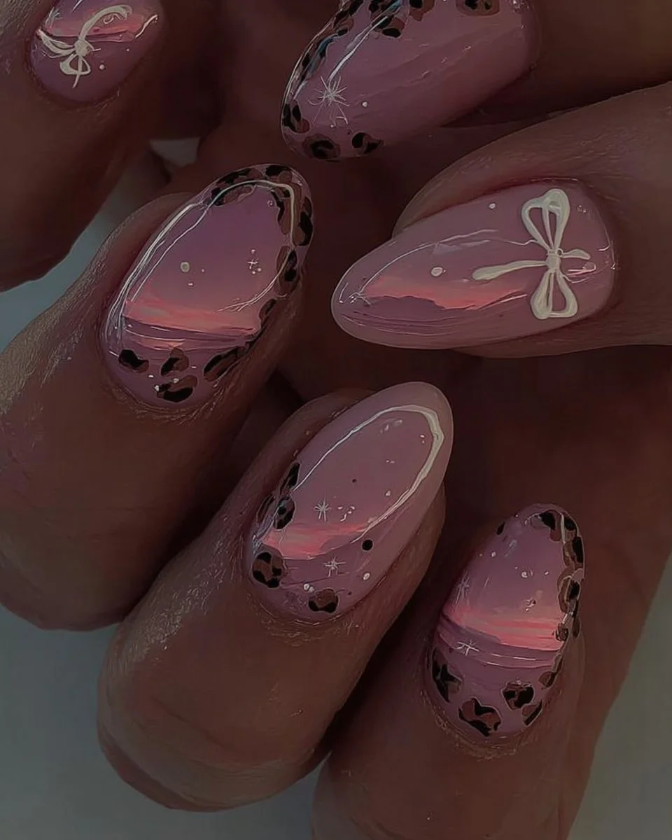 24pcs brown smudge fake nails set with leopard print manicure tips