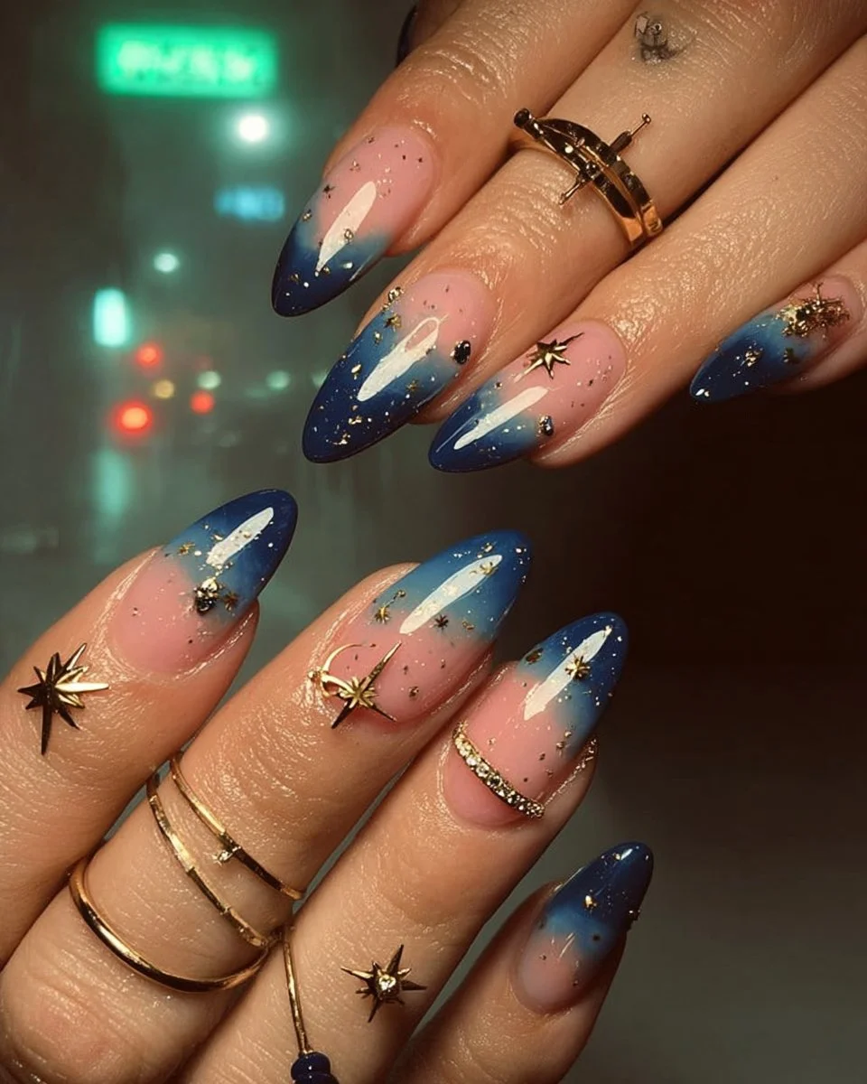 Elegant dark blue nail designs for winter with creative patterns and styles