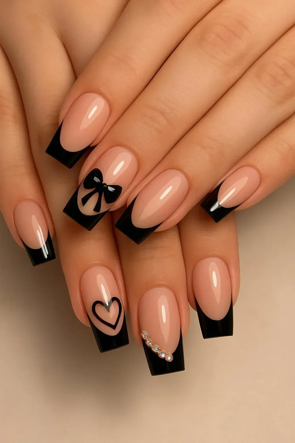 Black and nude nail art set featuring modern designs in black and cream colors.