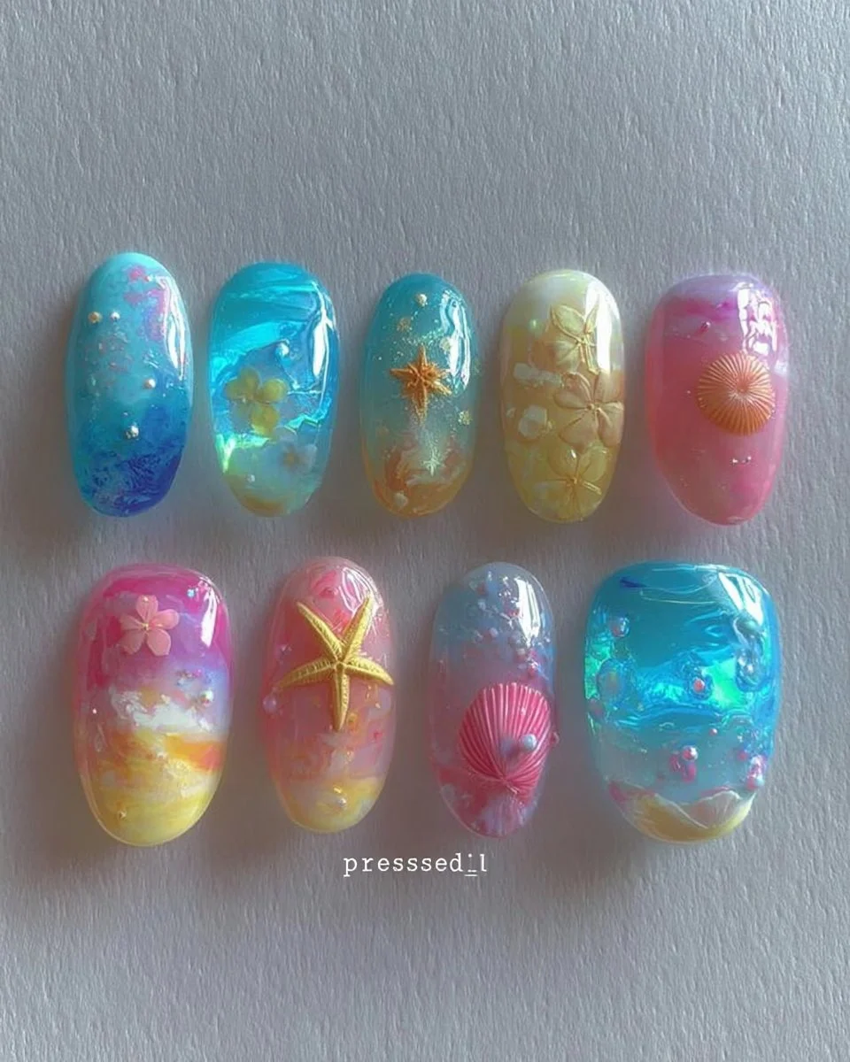 CAPRI Summer Pool Party Press On Nails with 3D fruit and water ripple designs.