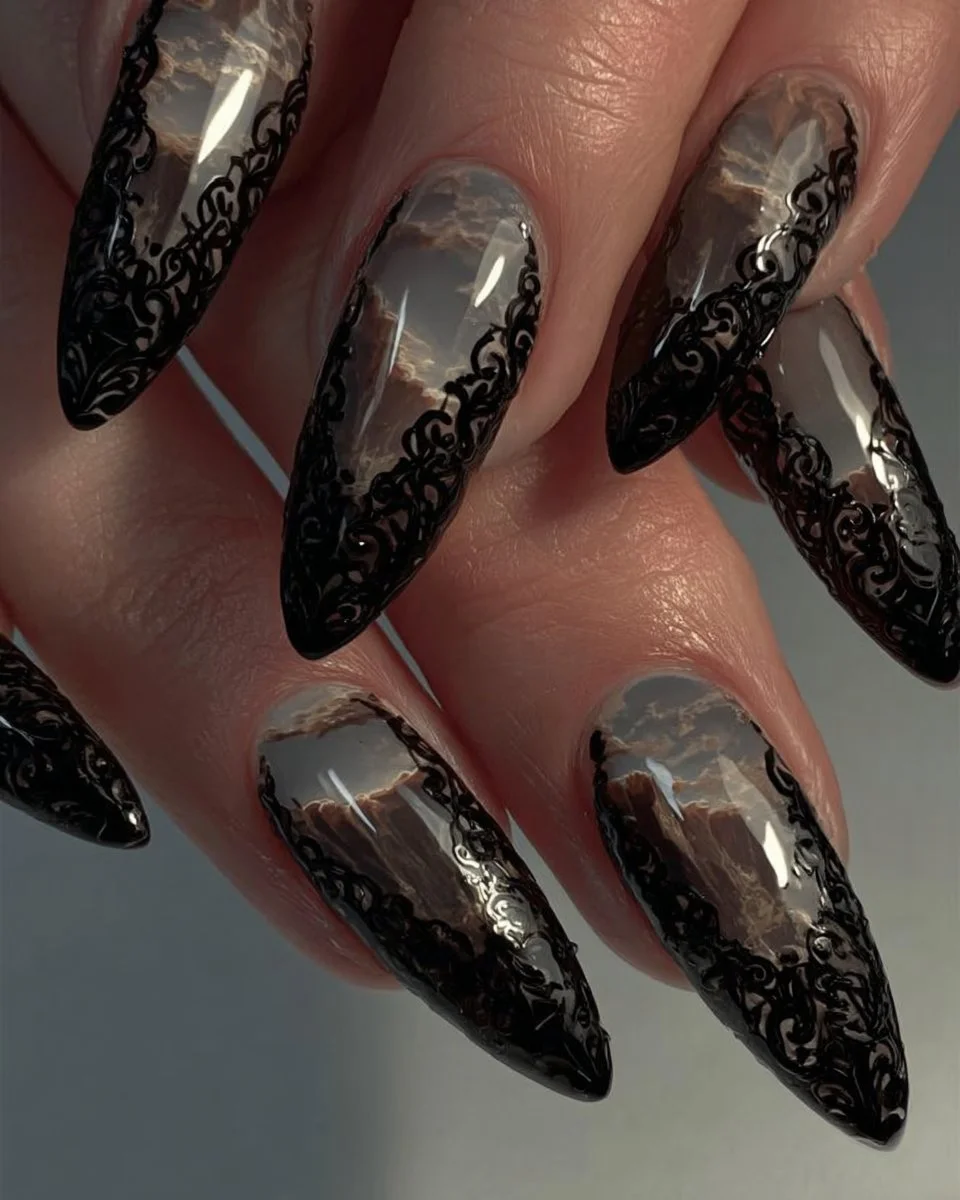 Chic dark lace nail art design showcasing bold elegance and intricate patterns.