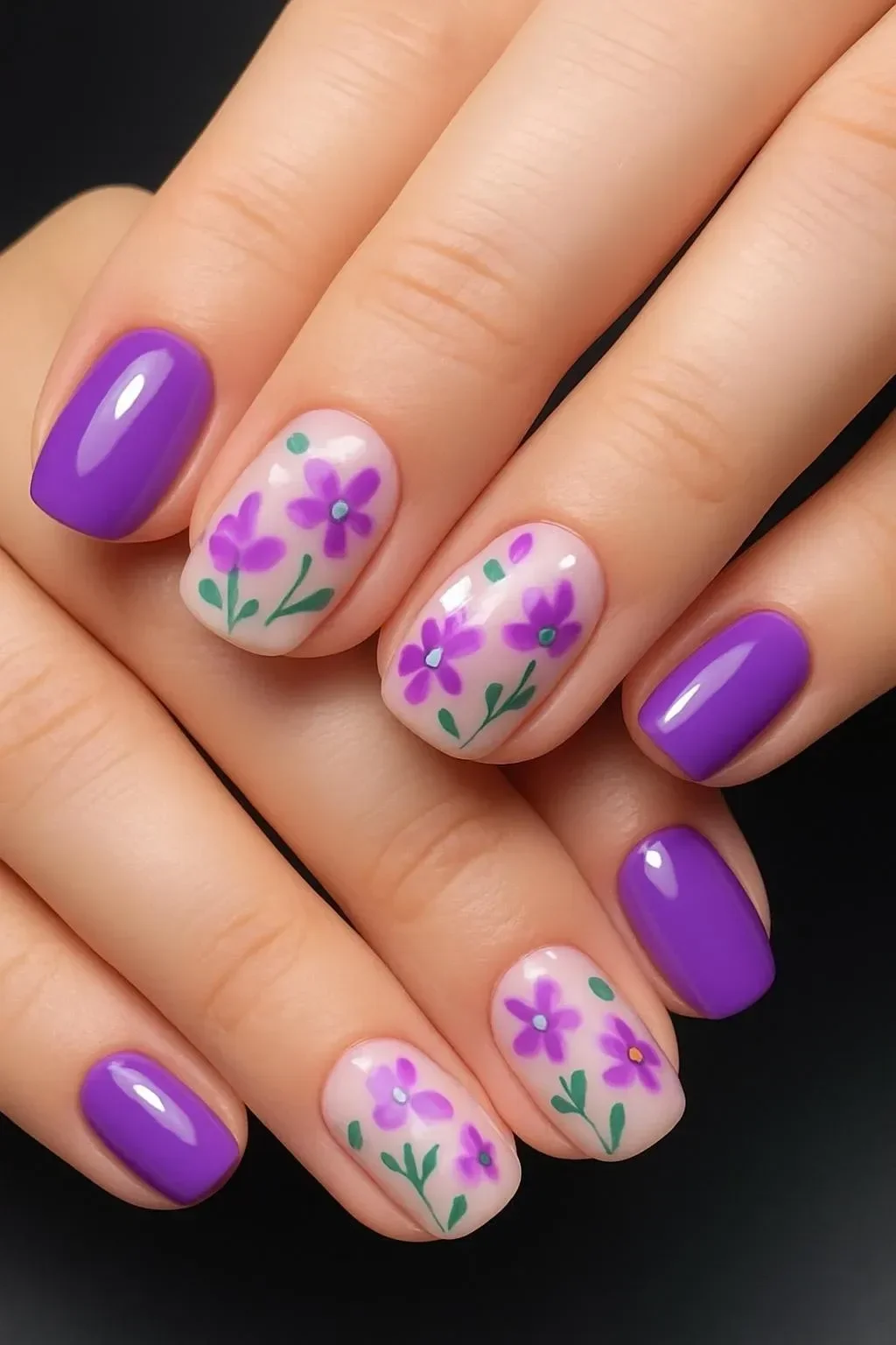 Glossy purple and floral short nails design for Spring 2026 trends