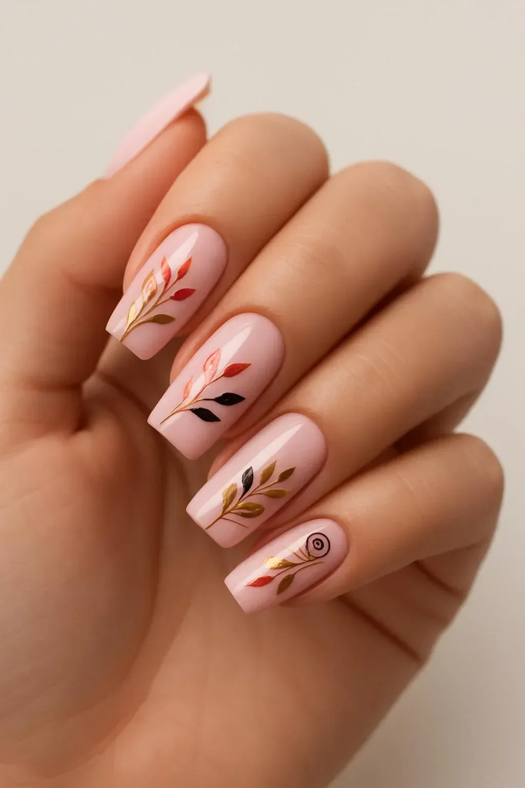 Matte pink coffin nails with gold foil leaf design for spring 2026 trends