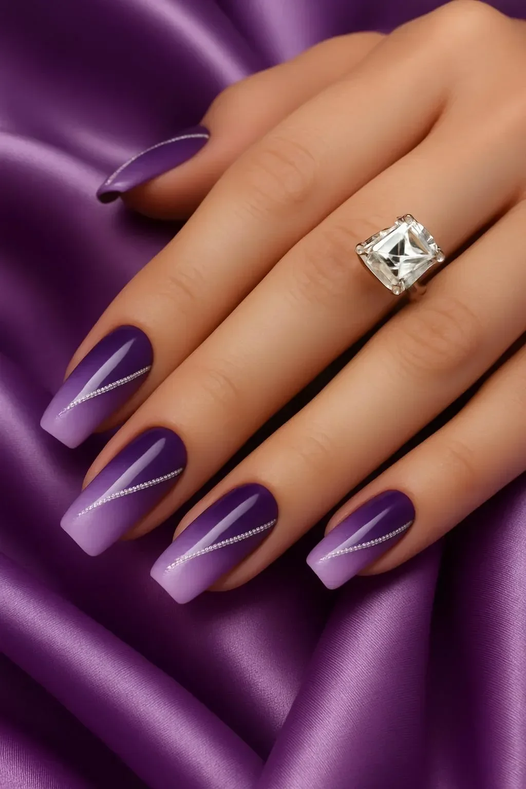 Lavender gradient coffin nails with silver line detail for 2026
