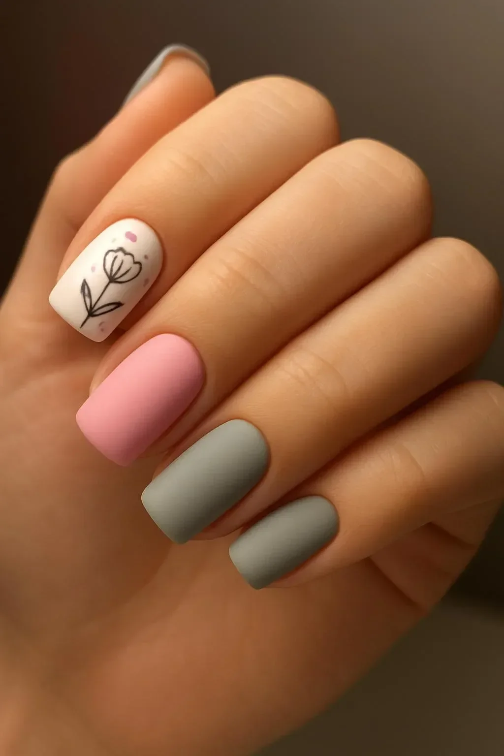 Pink and sage matte floral accent manicure for Spring Nails 2026 trends