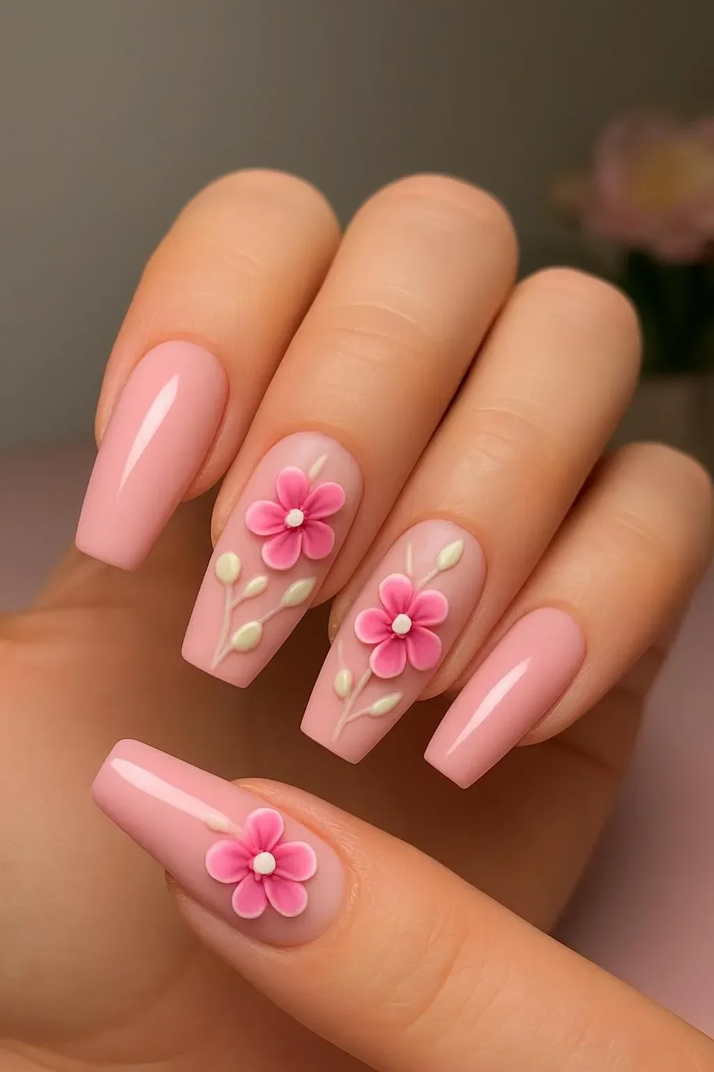 Pink sculpted French nails with 3D flowers and petal details showcasing Spring Nails trends.
