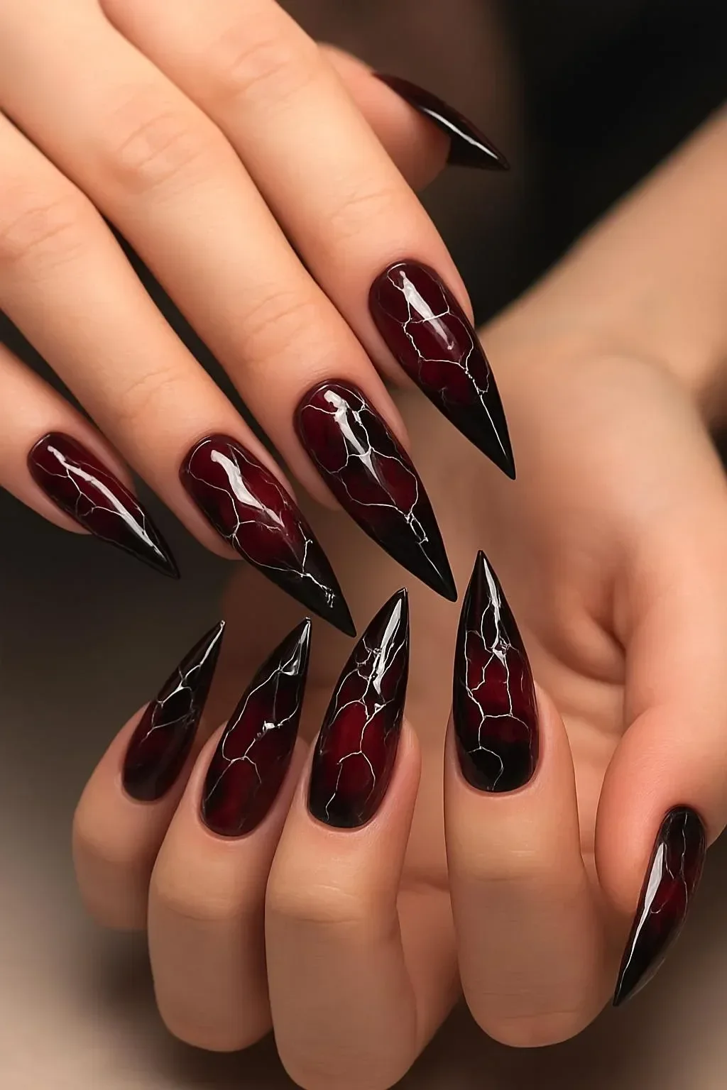 Red black marble press on nails with silver vein design and long stiletto shape