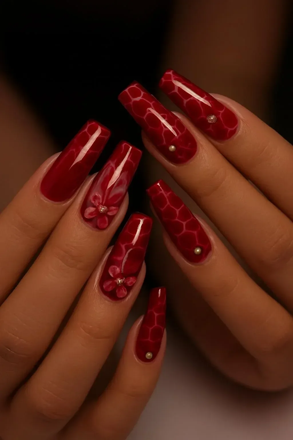 Red floral fall press on nails with 3D flower and gold bead accents.