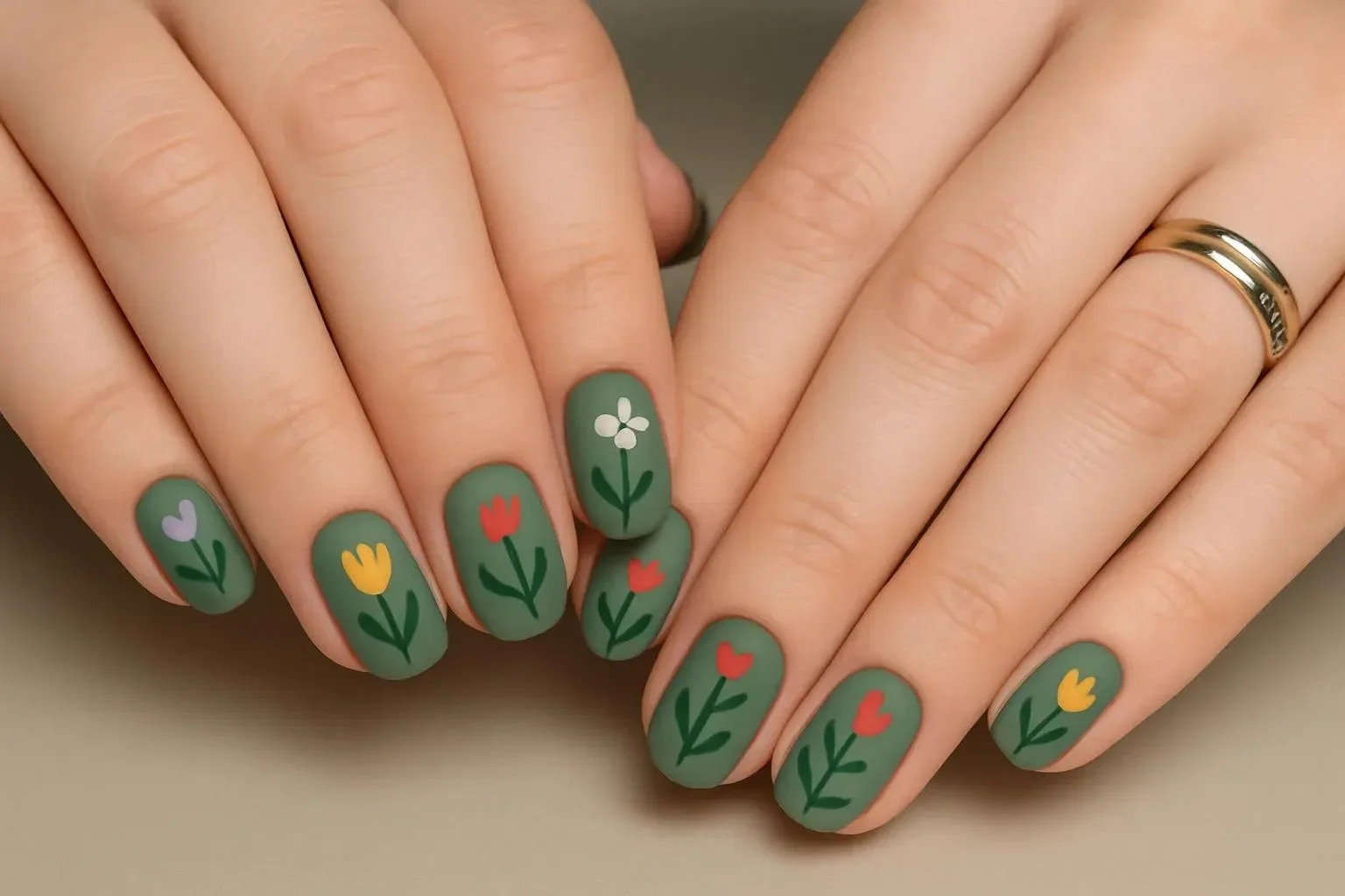 Sage green short nails with floral tulip design for Spring 2026 inspiration.