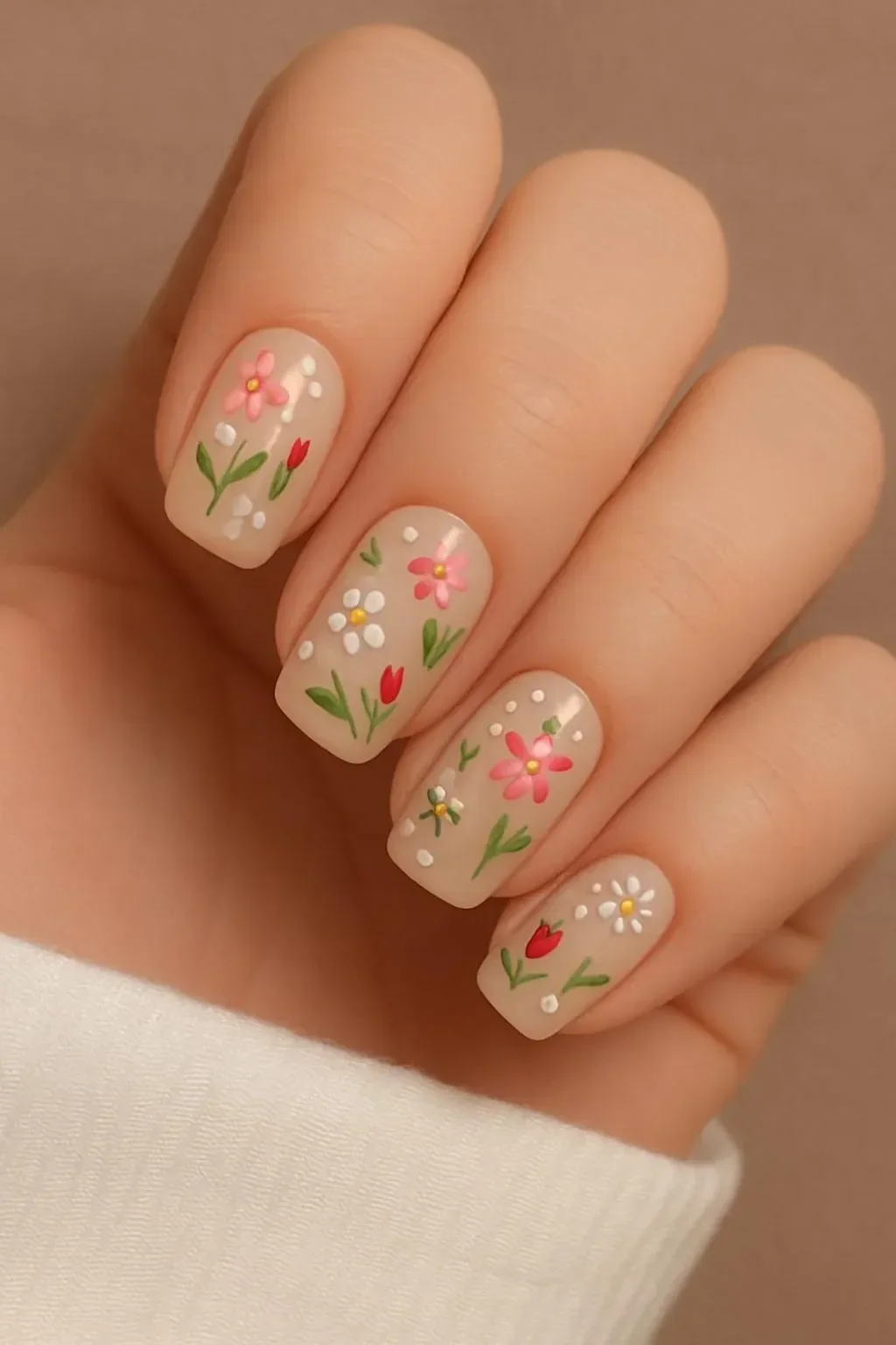 Sheer nude nails with floral and bee design for Spring 2026 trends