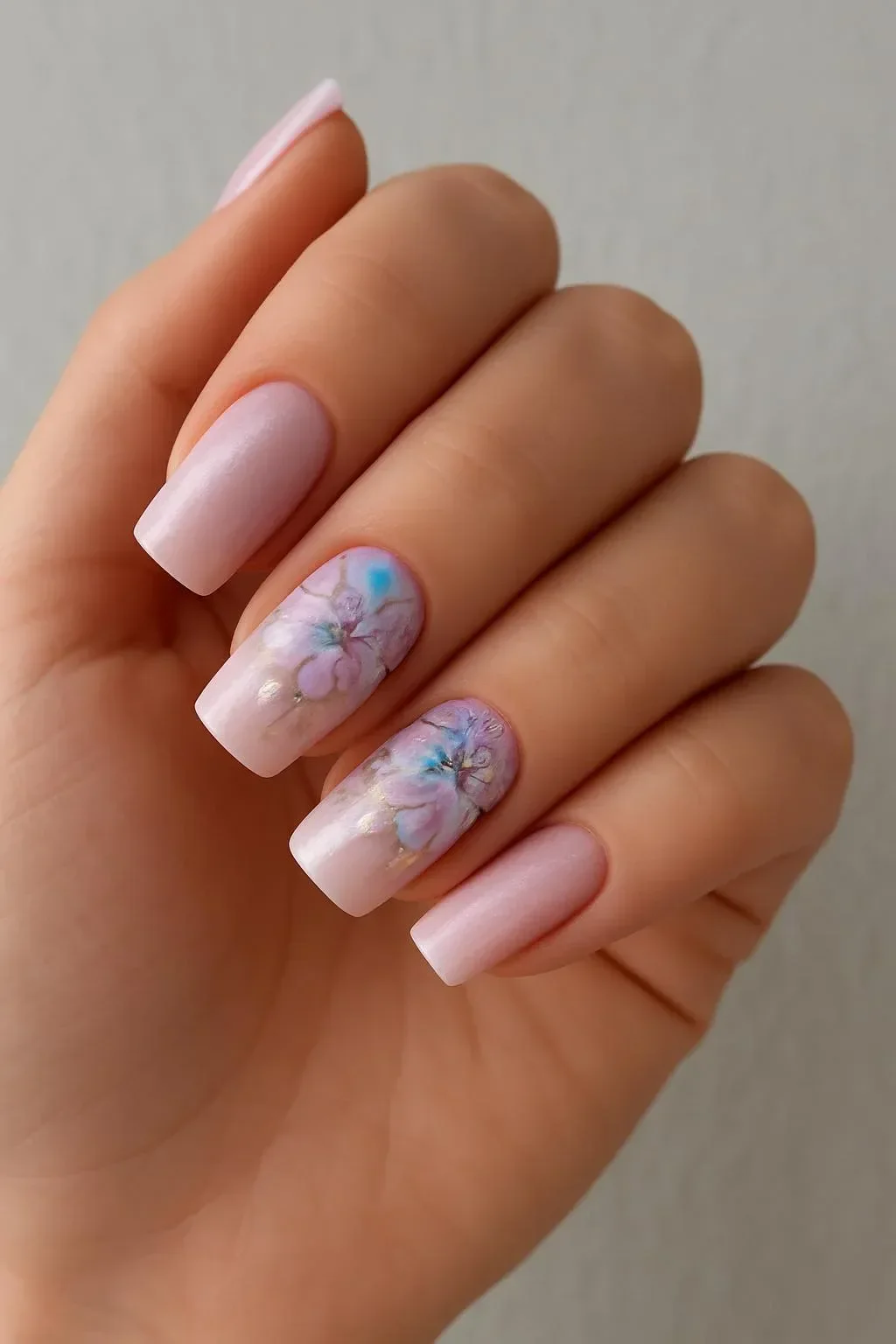 Soft pink ombre floral nails with shimmer design trend for spring 2026.