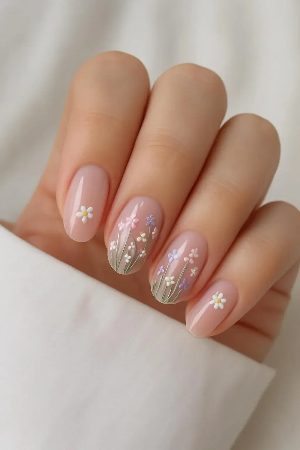 Soft pink ombre nails featuring delicate wildflower designs for spring 2026.