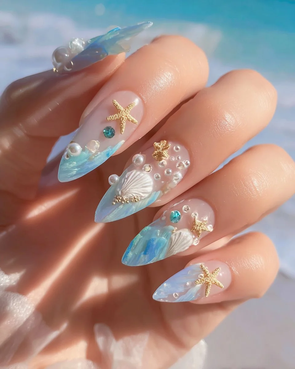 A collection of 63 sea-inspired nails showcasing coastal designs and vibrant colors.