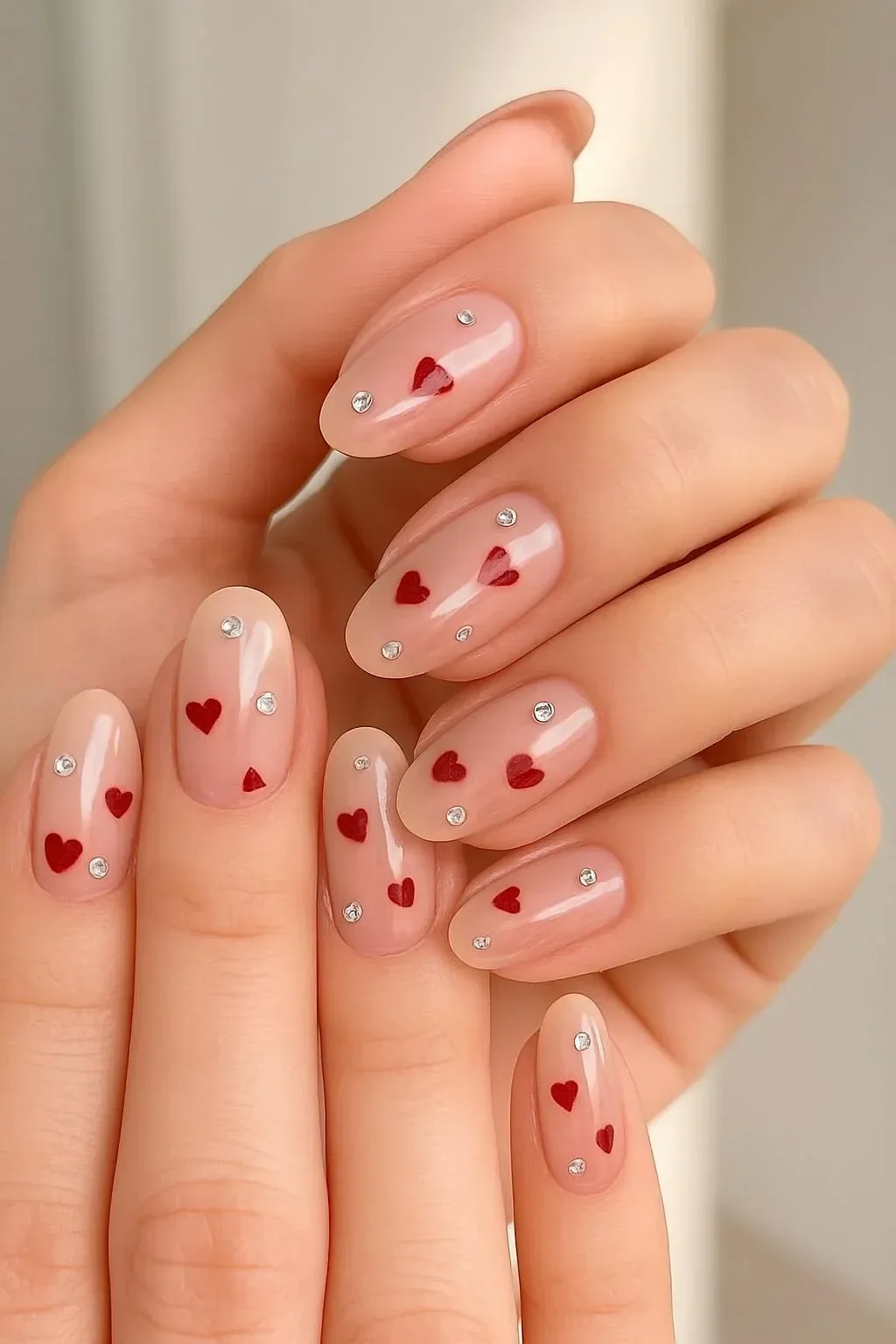 Burgundy heart and polka dot nails in a minimalist mismatched design.