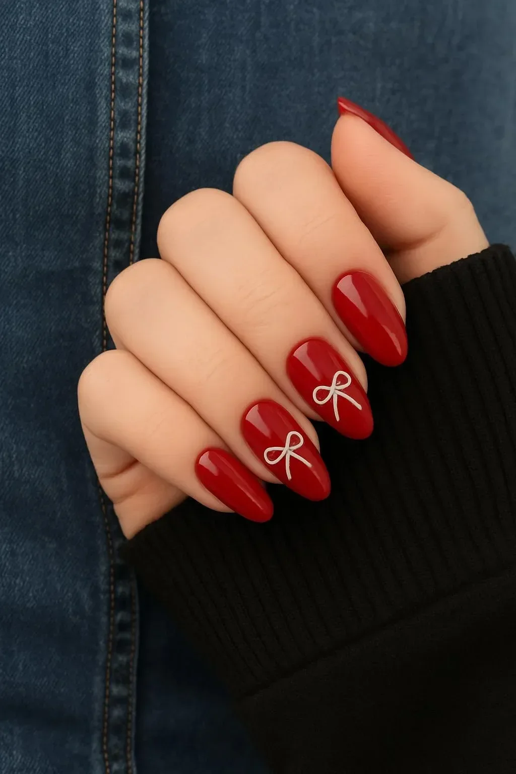 Burgundy heart and polka dot nails showcasing a minimalist romantic mismatched manicure