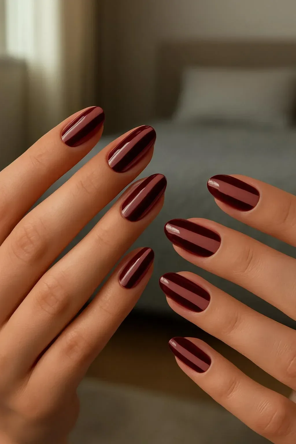 Burgundy striped almond nails design for elegant nail art inspiration.
