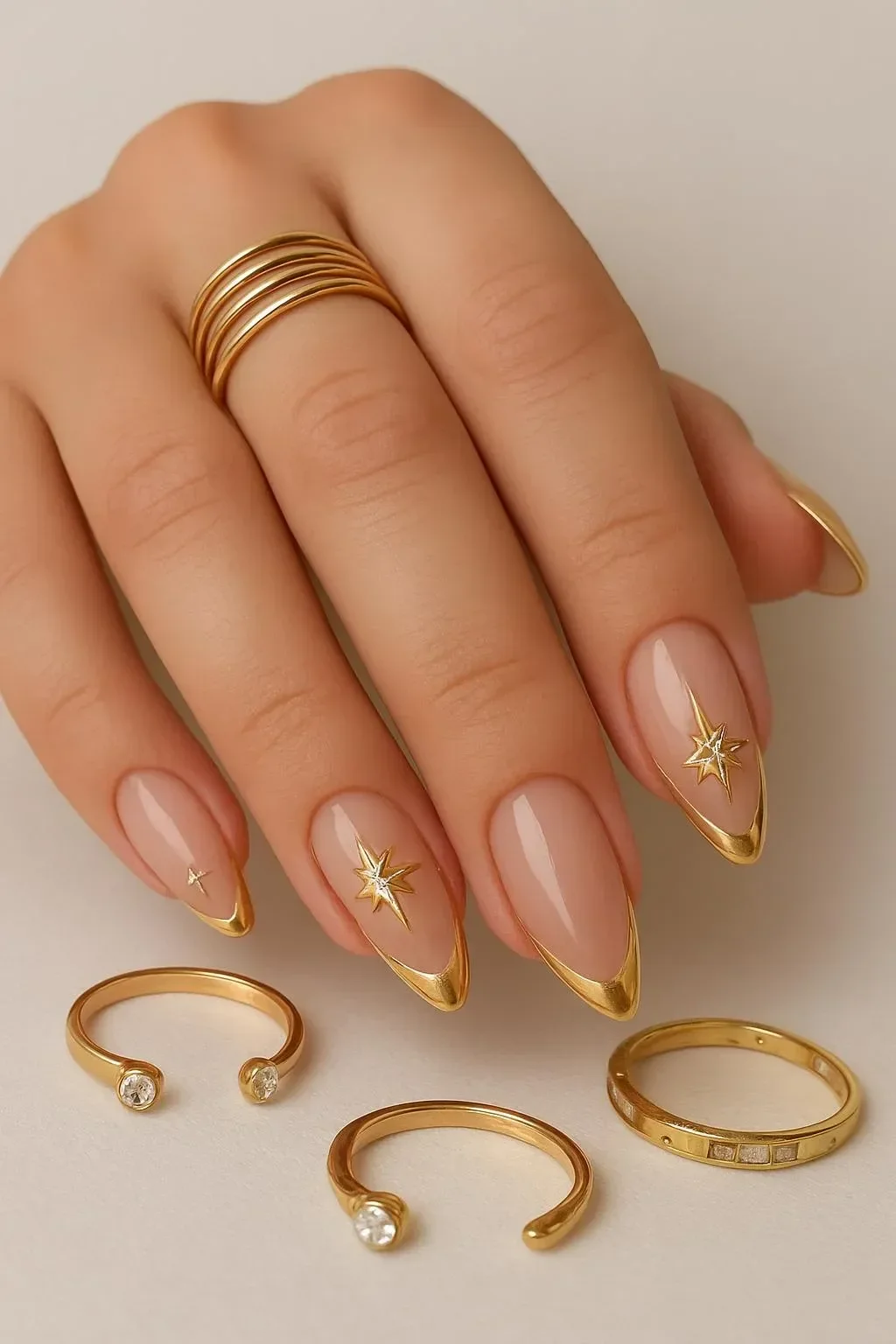 Gold chrome nails complemented with nude almond design for a stylish manicure