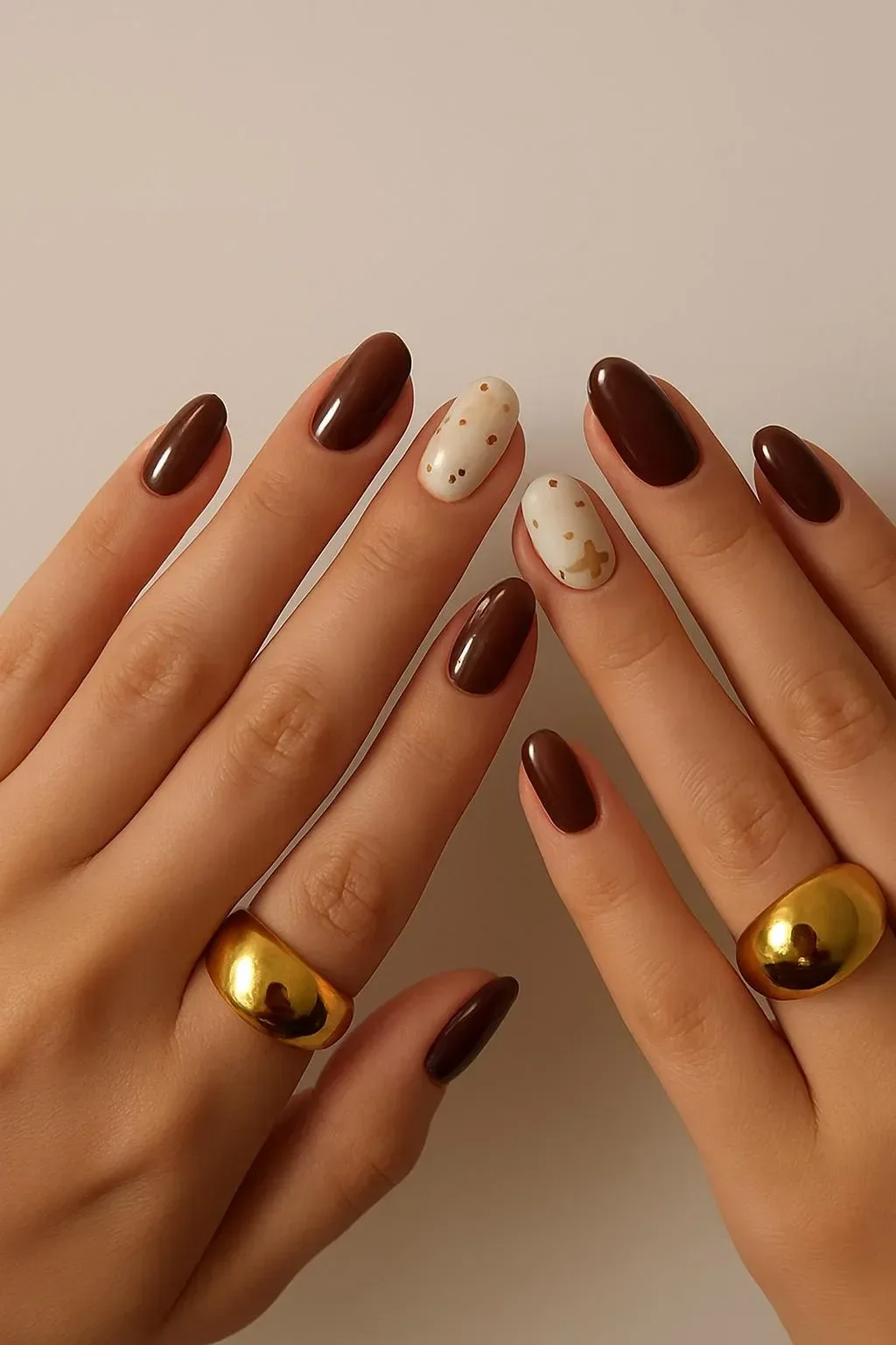Coffee Tone 3D Star Nails with minimalist brown and gold design on almond-shaped nails.