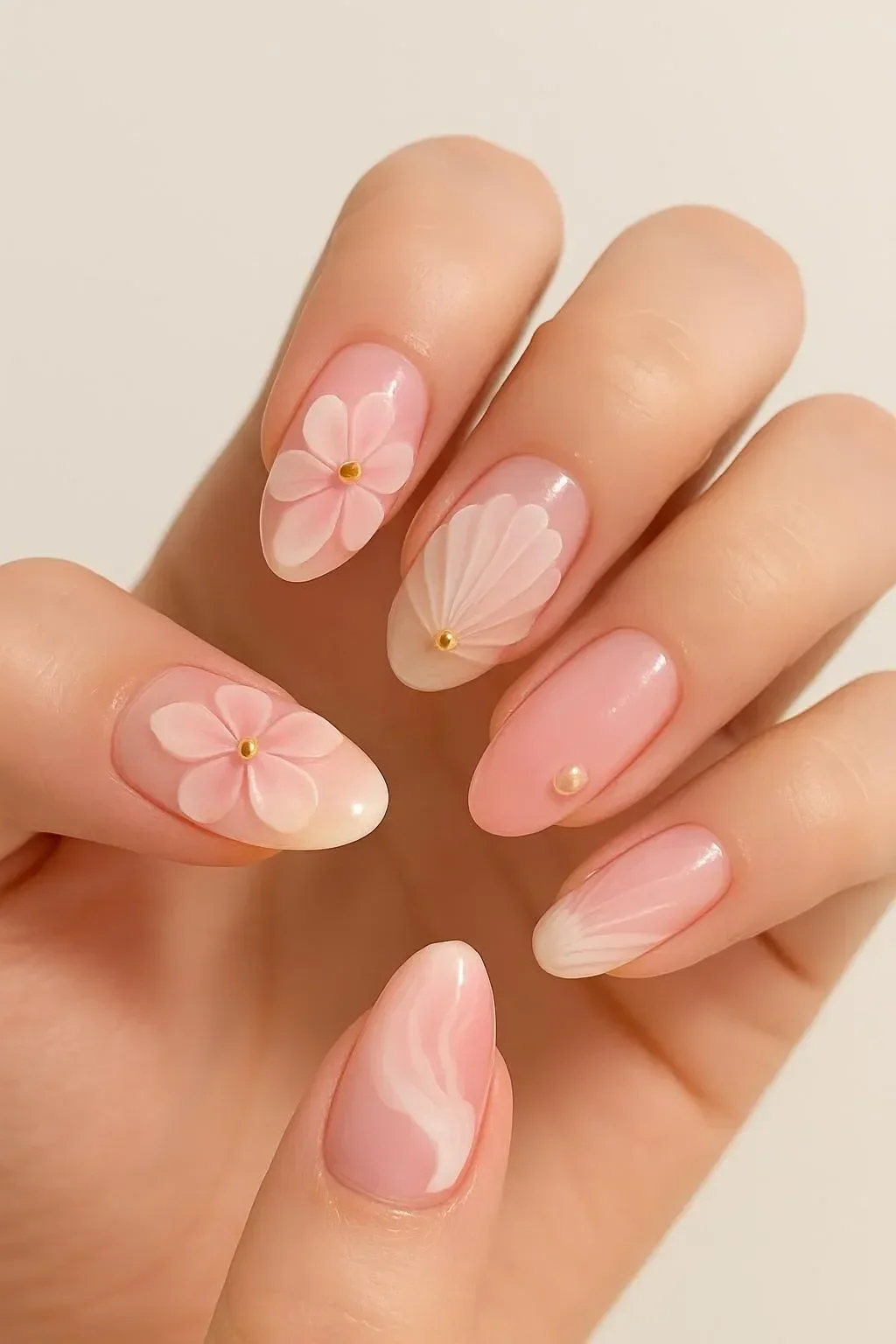 Fresh pink flower nails on almond press-on nails, perfect for weddings and gifts.