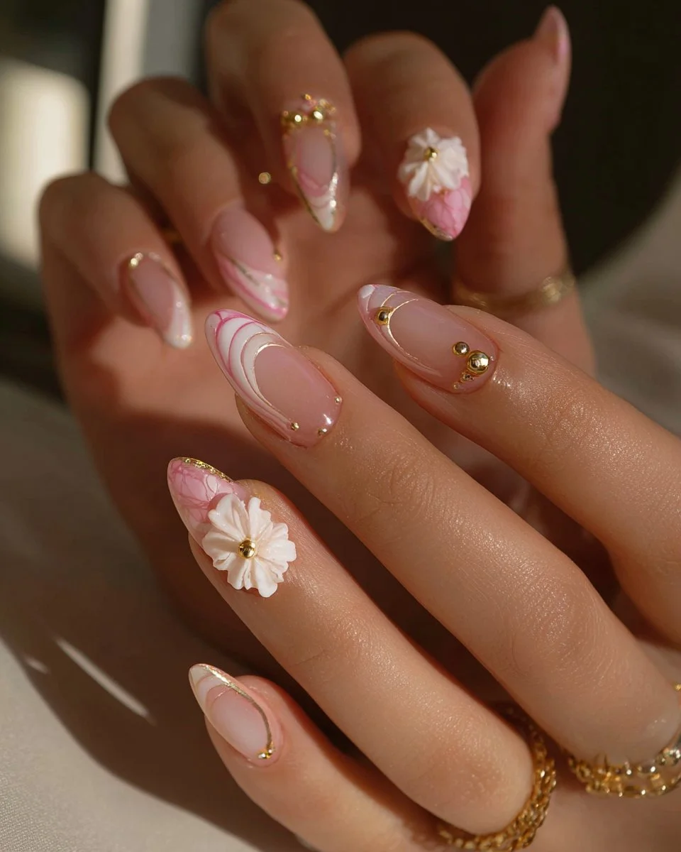 Elegant 3D floral French nails in pink and white almond design