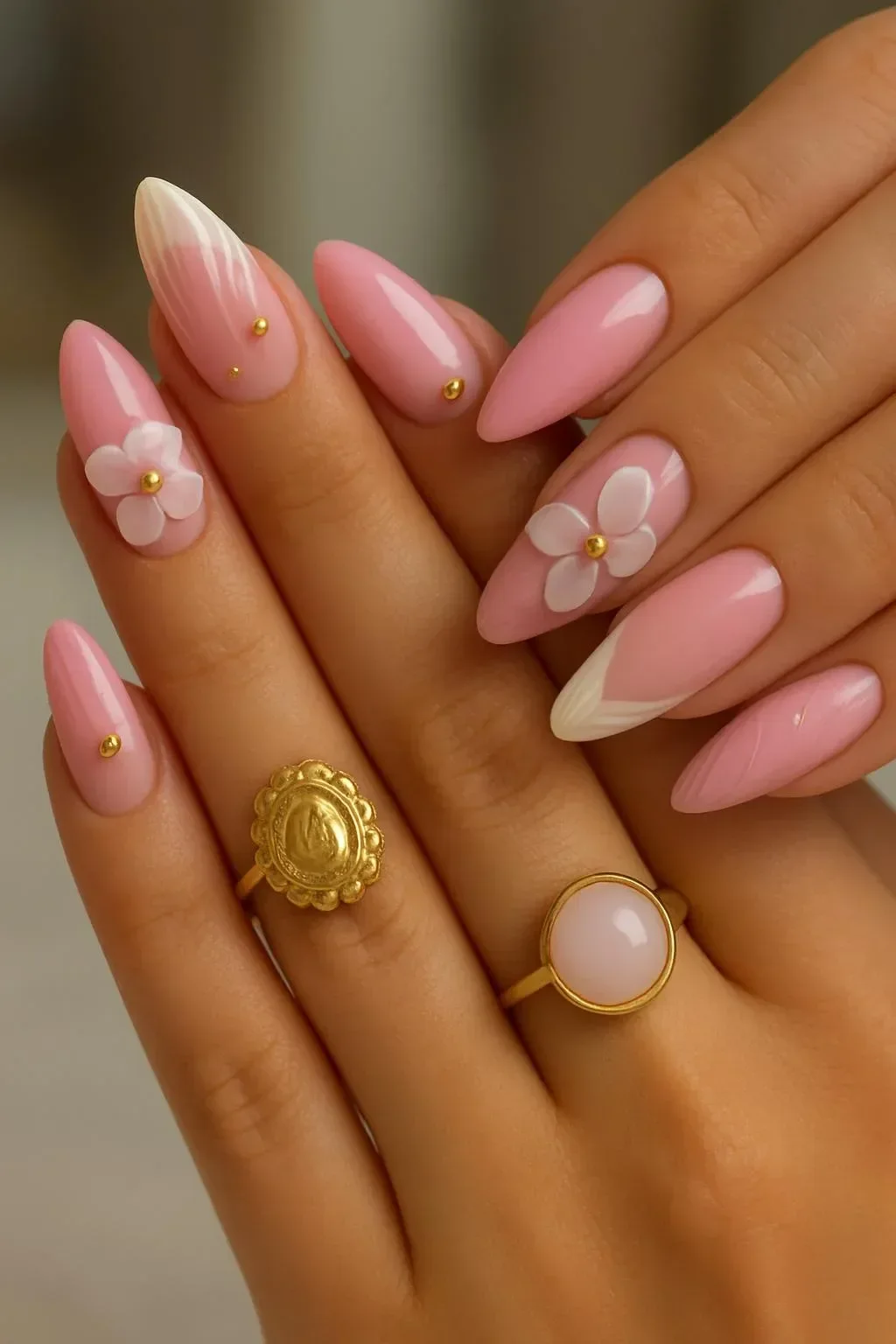 Elegant 3D floral French nails in pink and white almond design