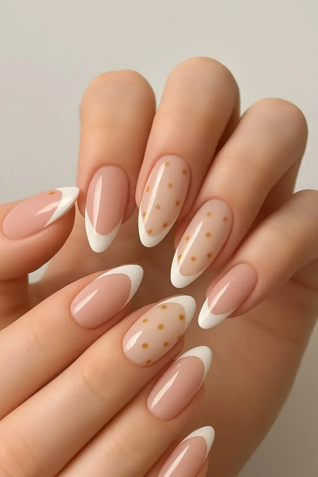Close-up of vibrant polka dot nail art showcasing cute, trendy designs.