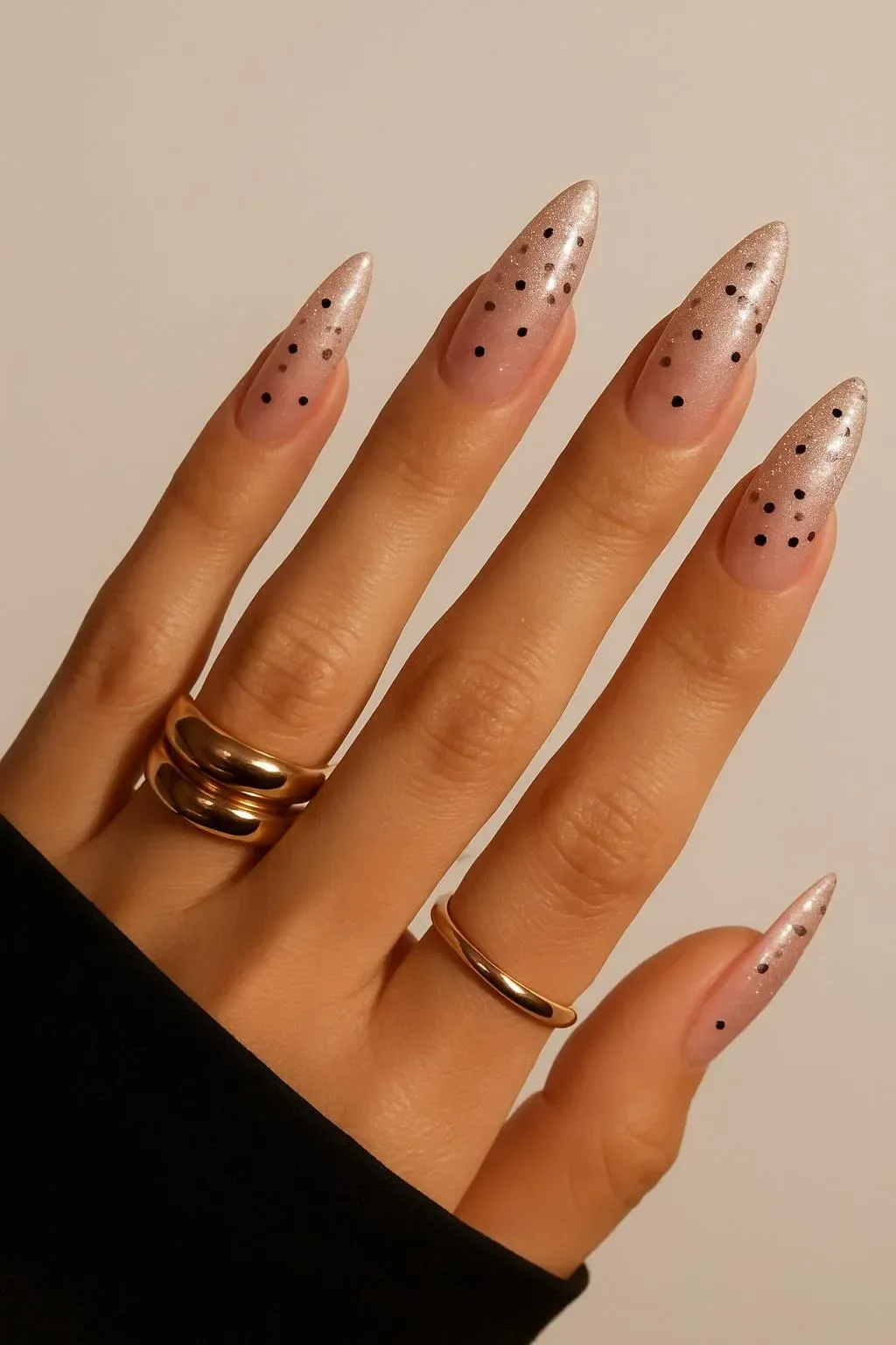 Rose gold glitter ombre design featuring elegant black dots.