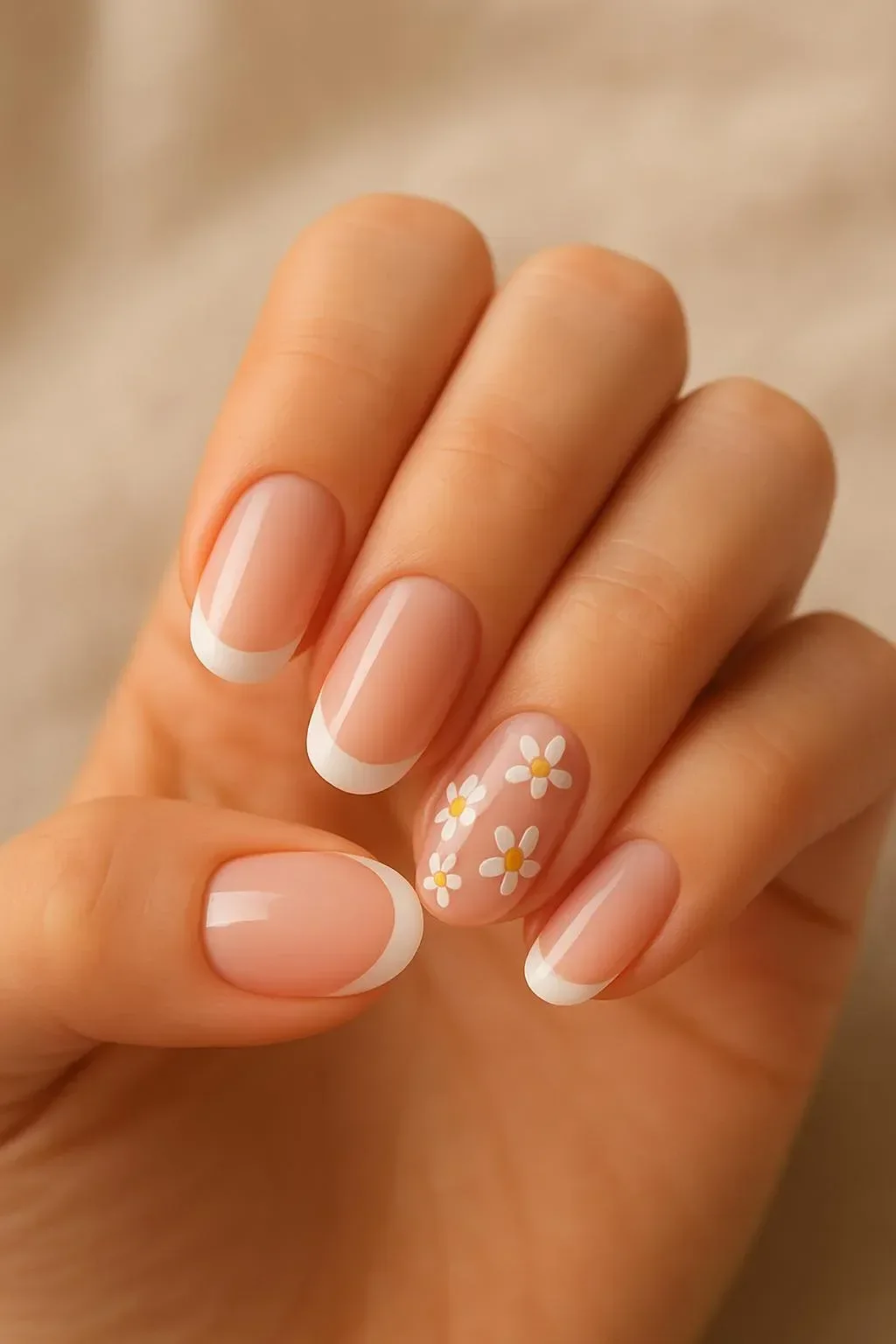 Short French tip nails featuring a beautiful flower design