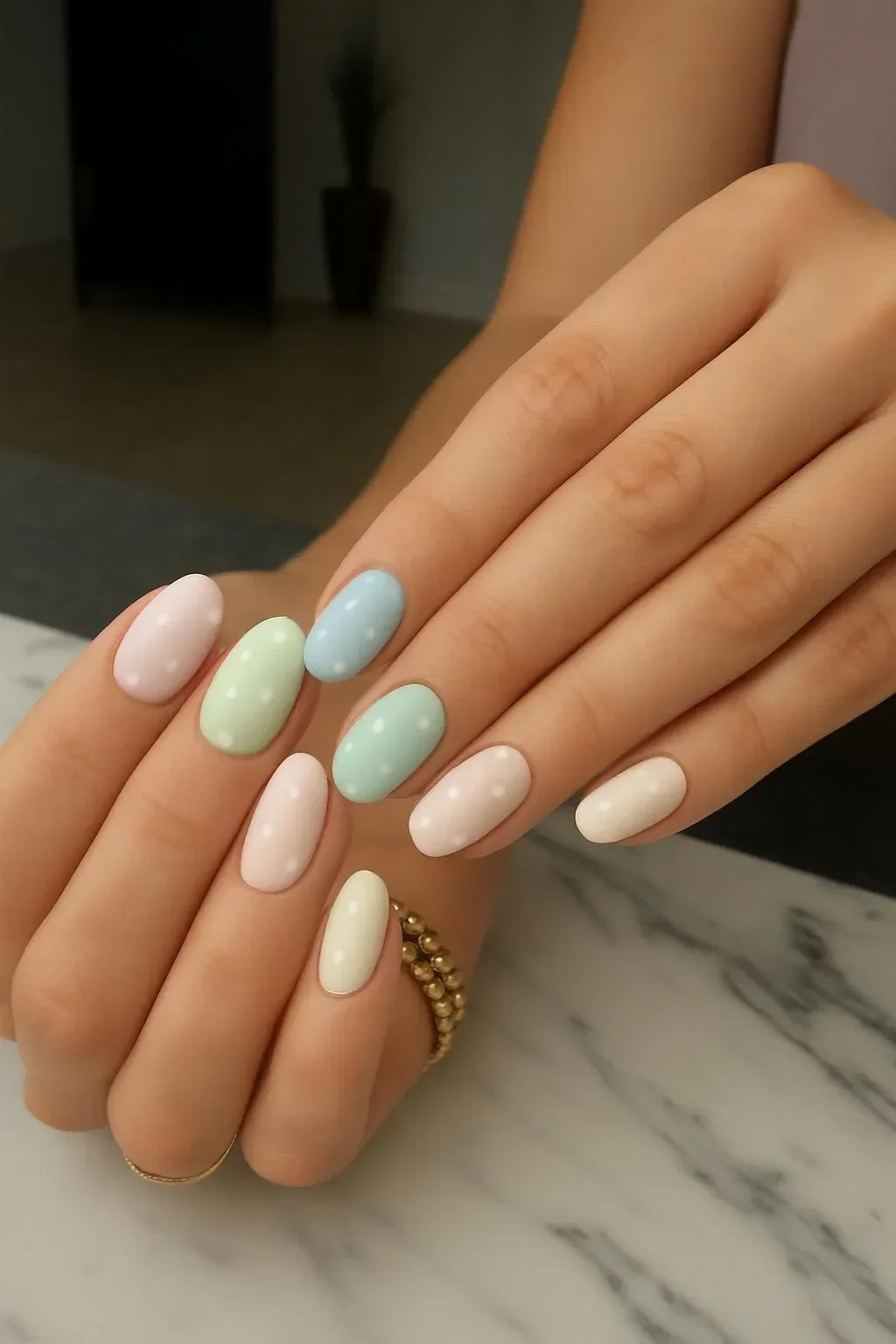 Pastels polka dots nail art by Alli, featuring girly acrylic and gel designs.