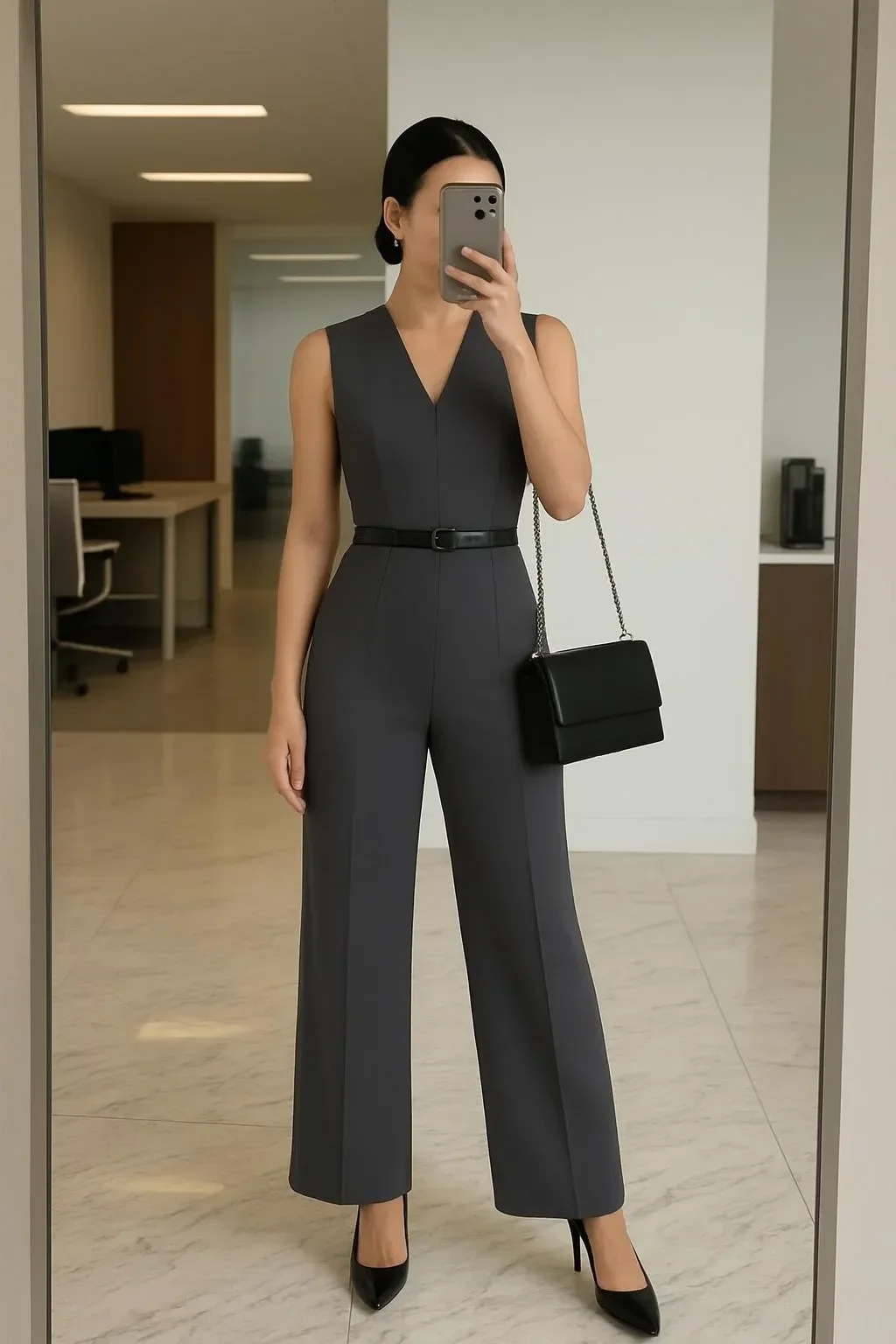 Stylish black jumpsuit work outfit showcasing modern minimalist summer professional attire.