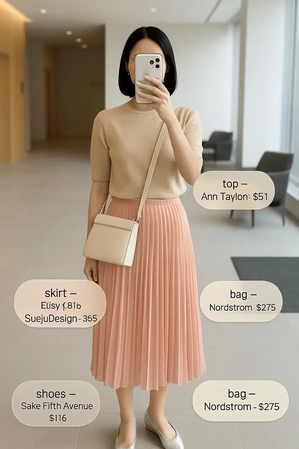 Blush pink pleated midi skirt styled for feminine summer workwear