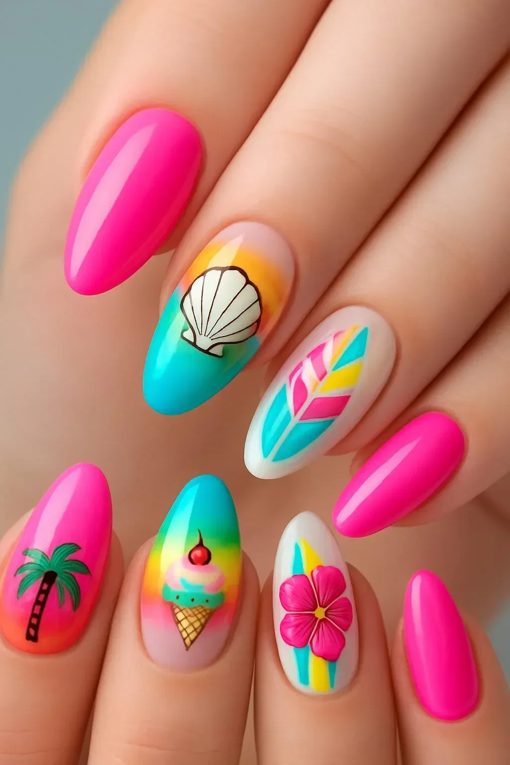 Candy Pink beach nails design for summer vacation