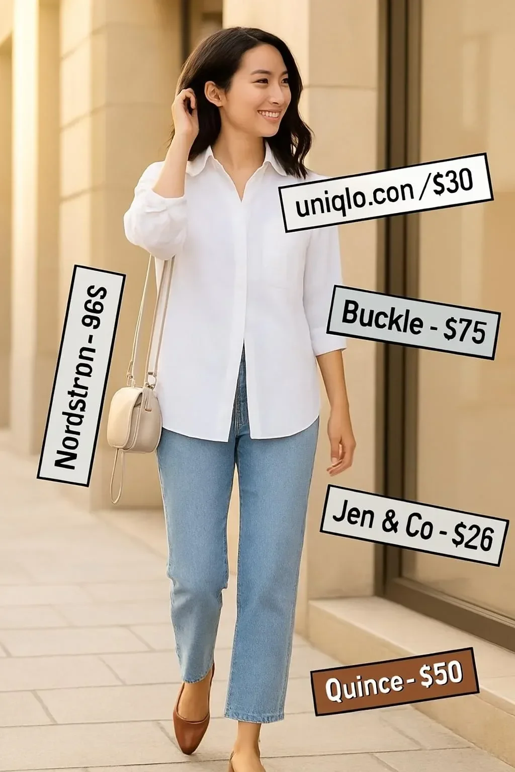 Casual cool daytime outfit featuring light wash cropped jeans and a white shirt