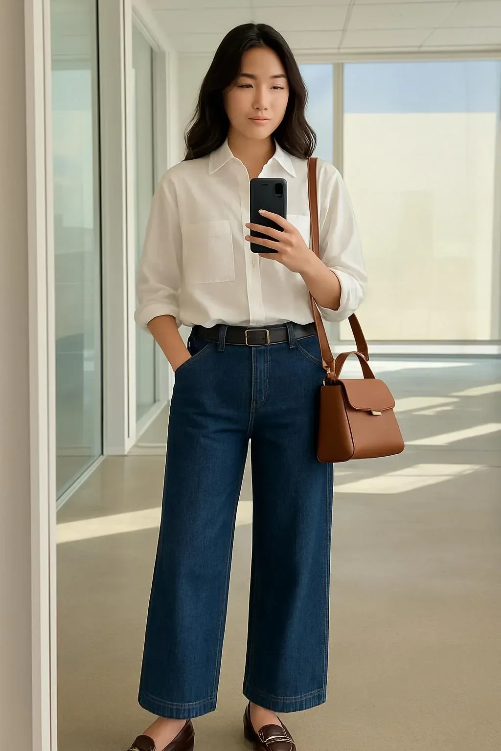 Casual Friday summer work outfit featuring a white shirt, denim culottes, and loafers.