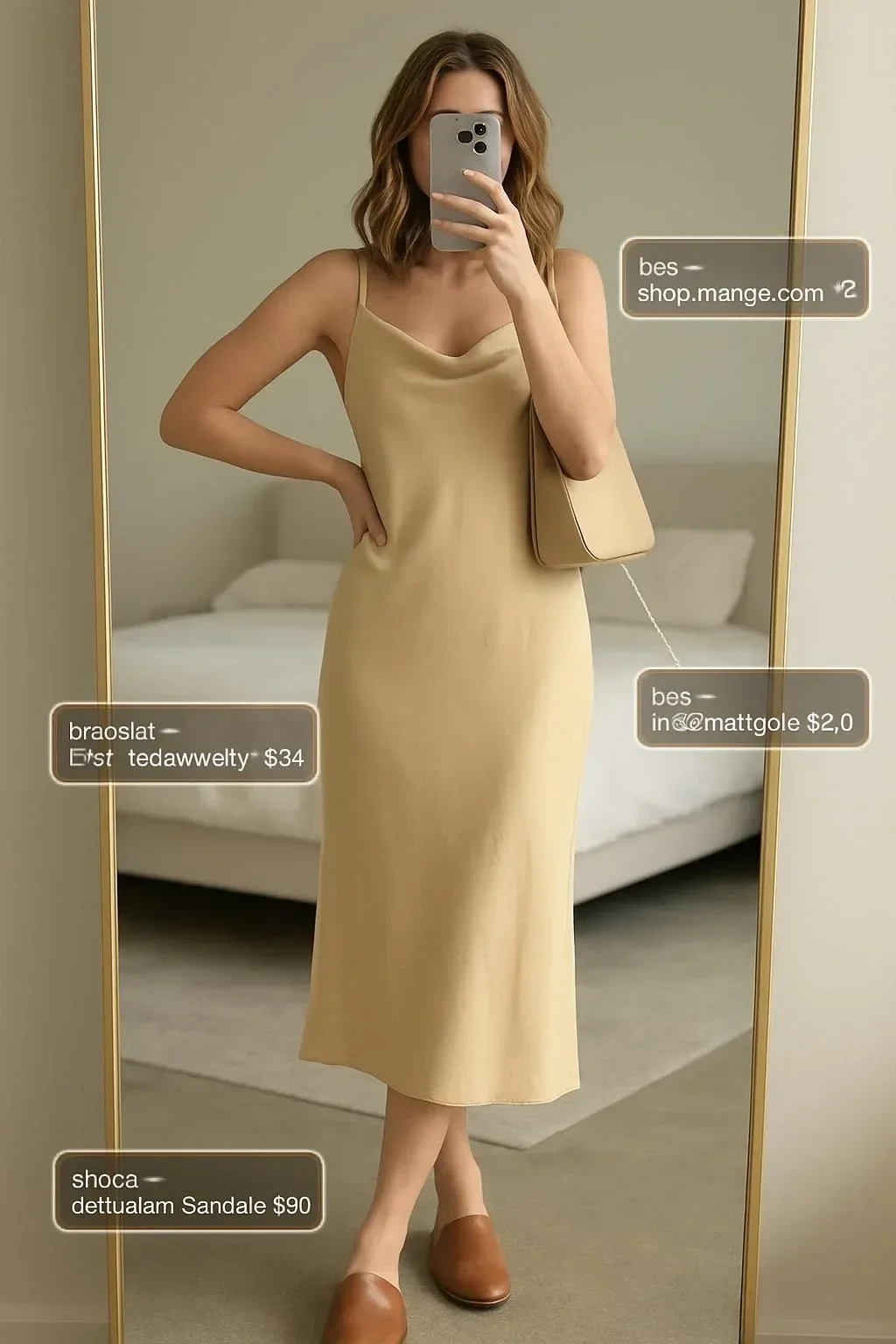 Champagne cowl neck slip midi dress for an elegant summer outfit