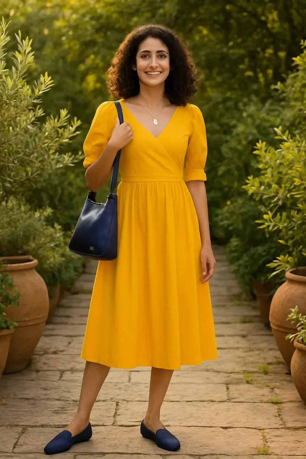Chic golden yellow gathered midi wrap dress, styled for summer work outfits 2026.