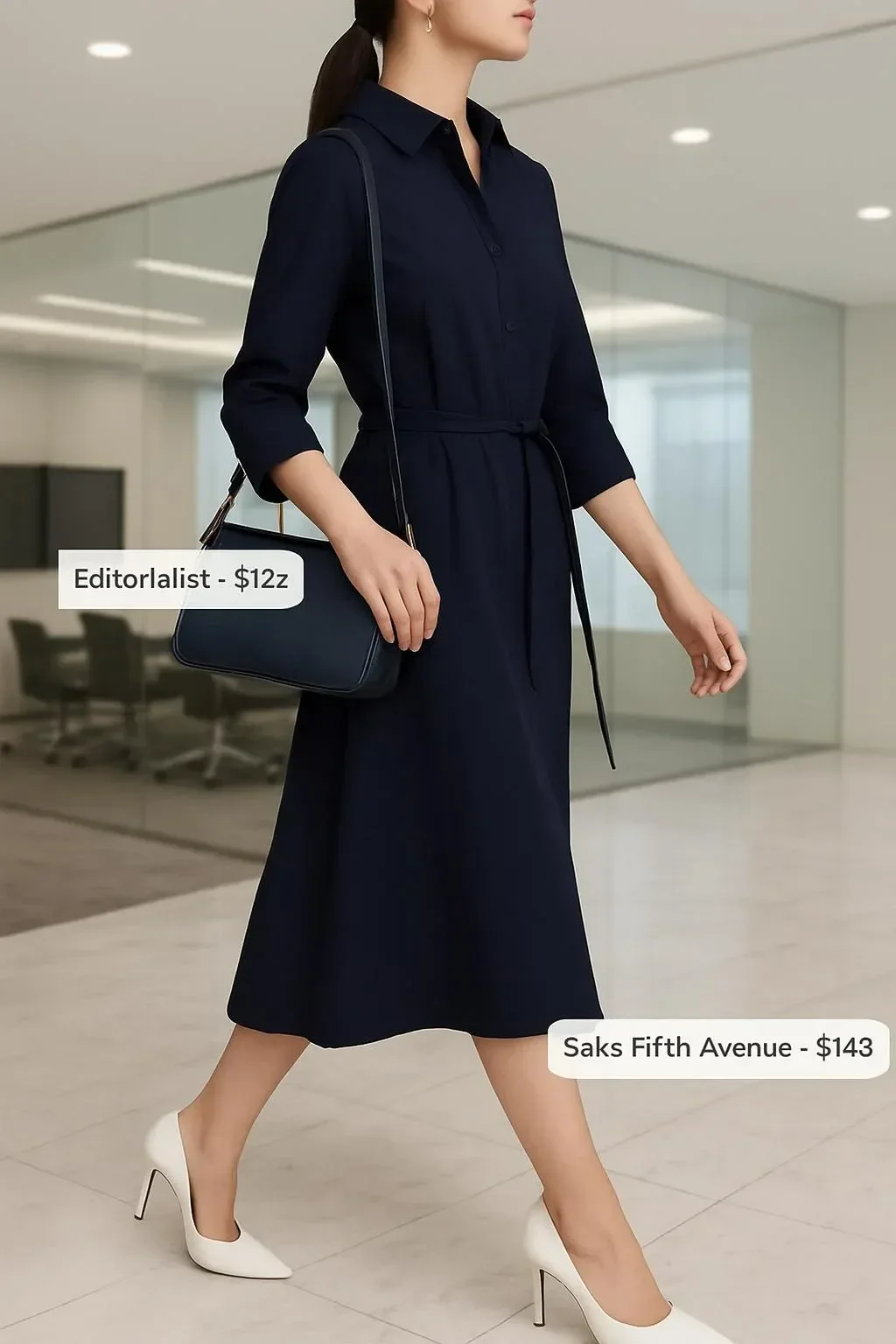 Classic Navy Midi Shirt Dress styled for summer workwear 2026.