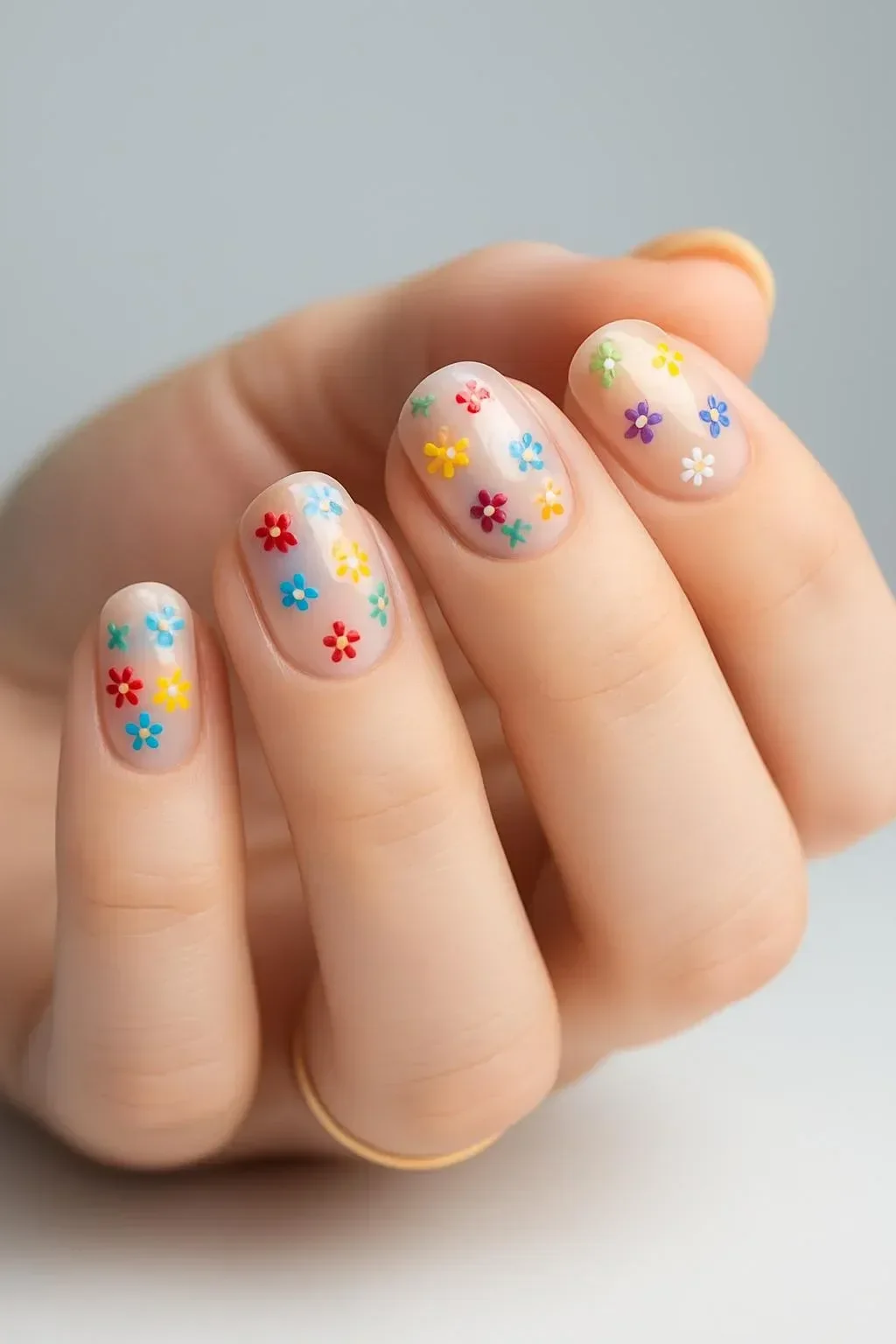 Spring floral manicure with clear nails and tiny wildflowers design