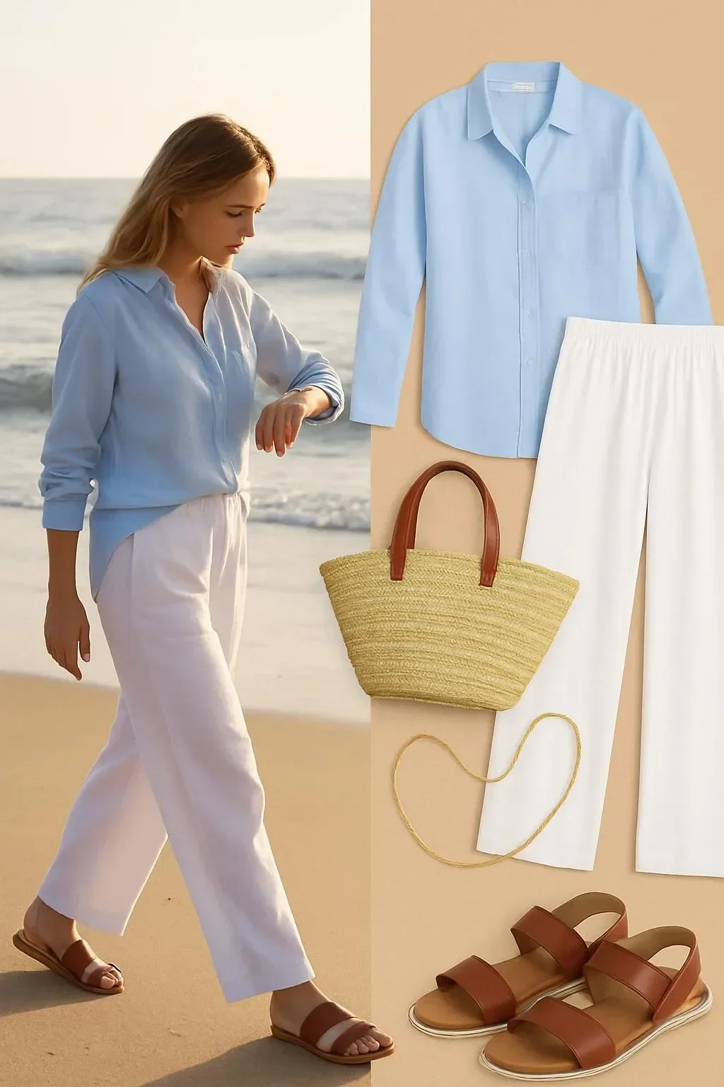 Coastal linen pants and shirt outfit for effortless beach brunch style