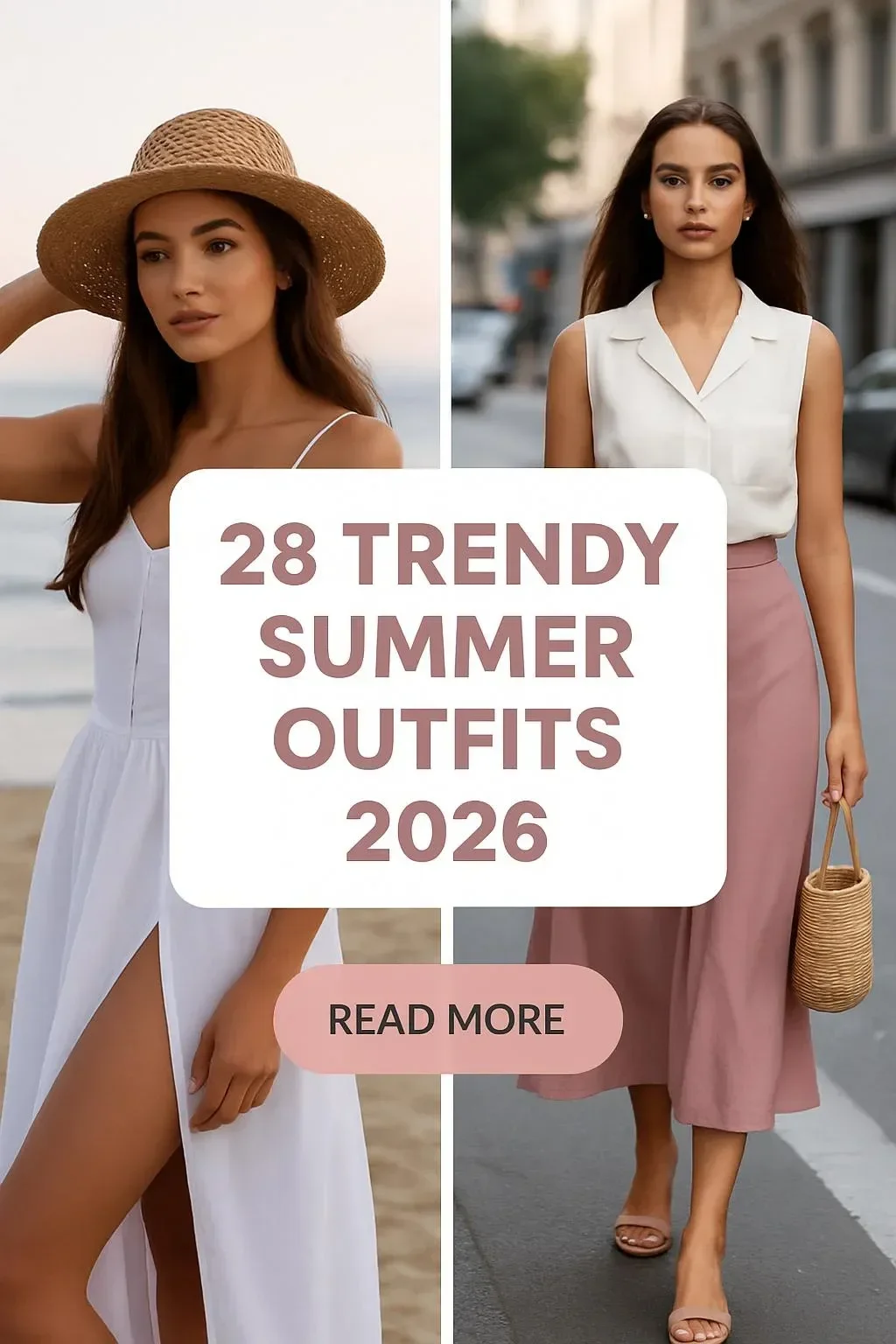 Coastal white summer dress with straw hat, pink midi skirt, and white blouse.