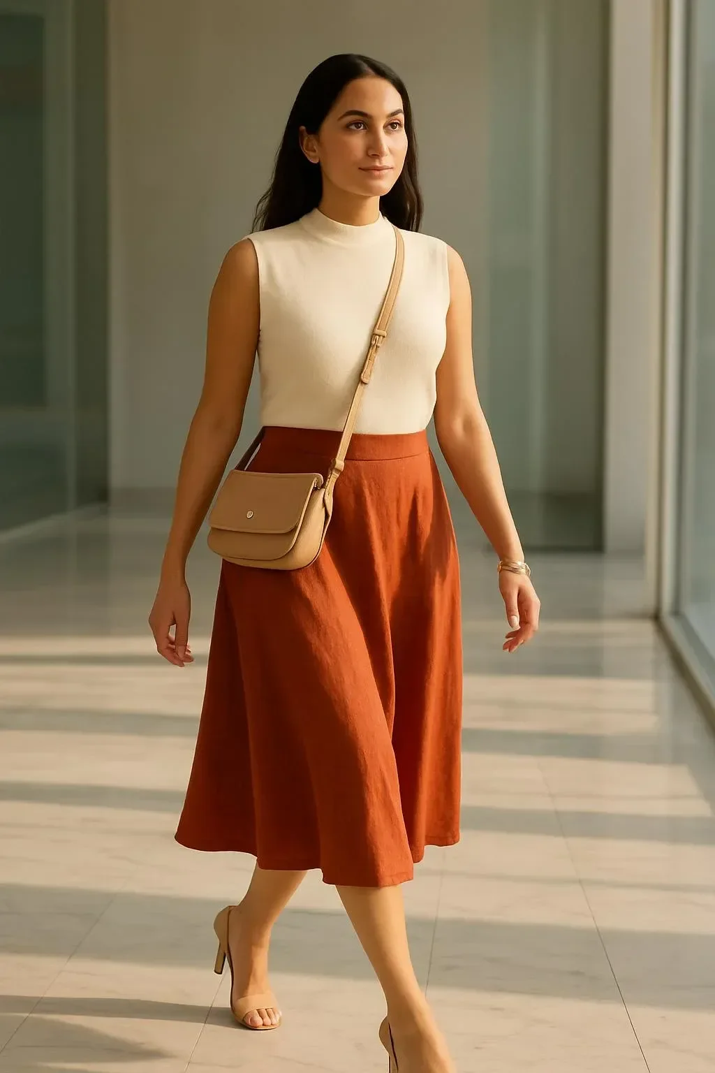 Chic summer work outfit featuring a coral linen skirt and mock neck top.