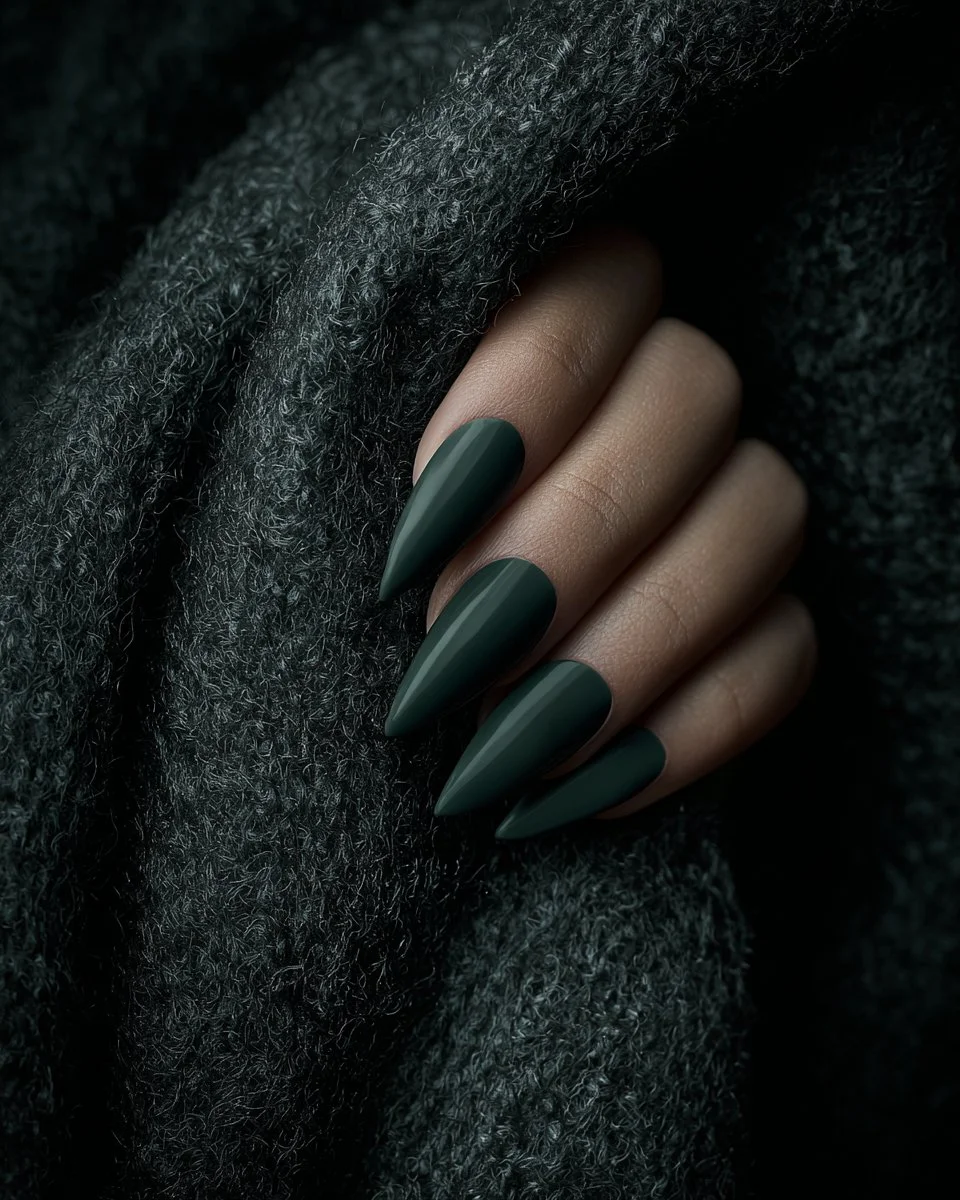 Dark green matte stiletto nails showcasing spring 2026 design trend