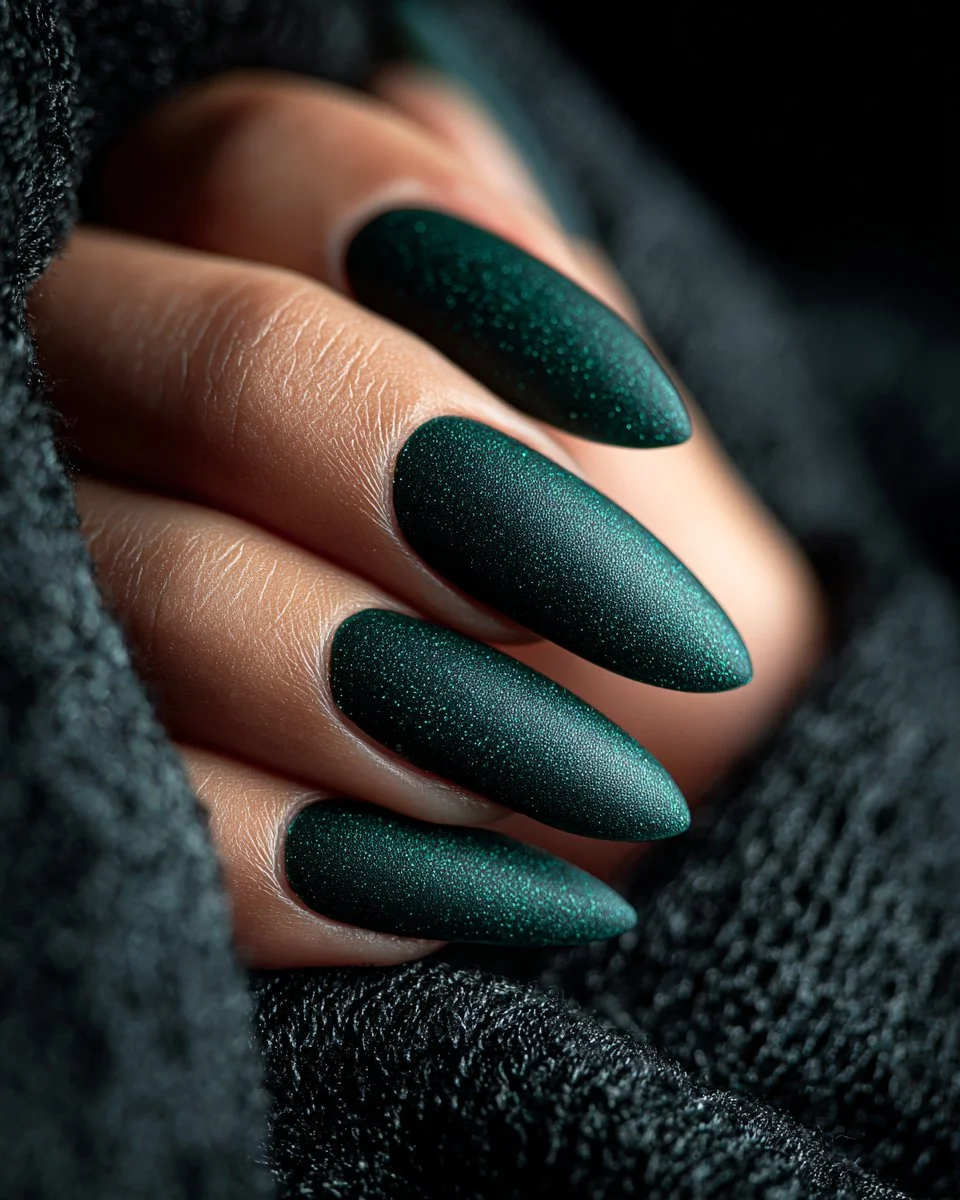 Dark Jade Velvet Nails in stiletto style for St. Patrick's Day 2026