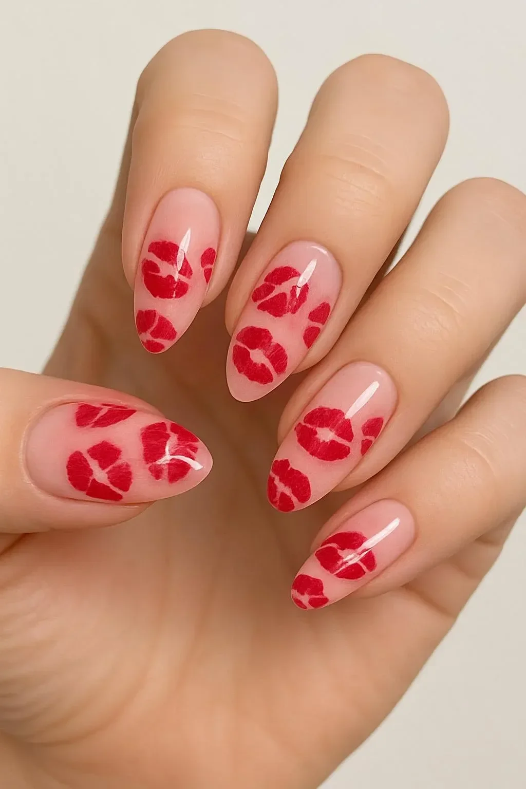 Customizable press-on nails featuring kiss marks for Valentine's Day.