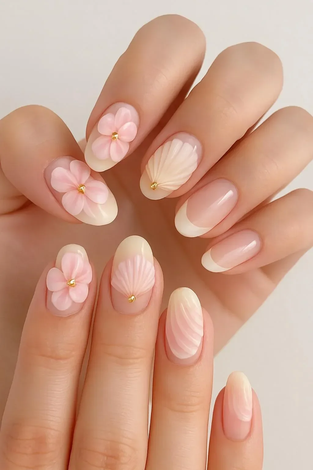 Dreamy fresh pink French flower nails in almond shape for weddings and special occasions