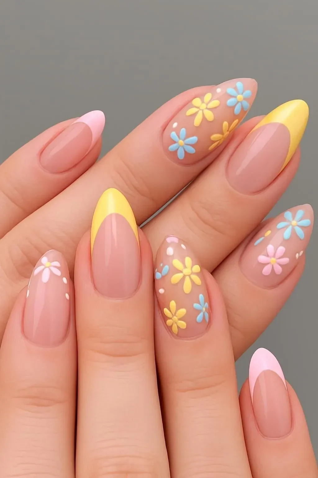 Pastel daisy French almond nails for Easter 2026-inspired spring nail art.
