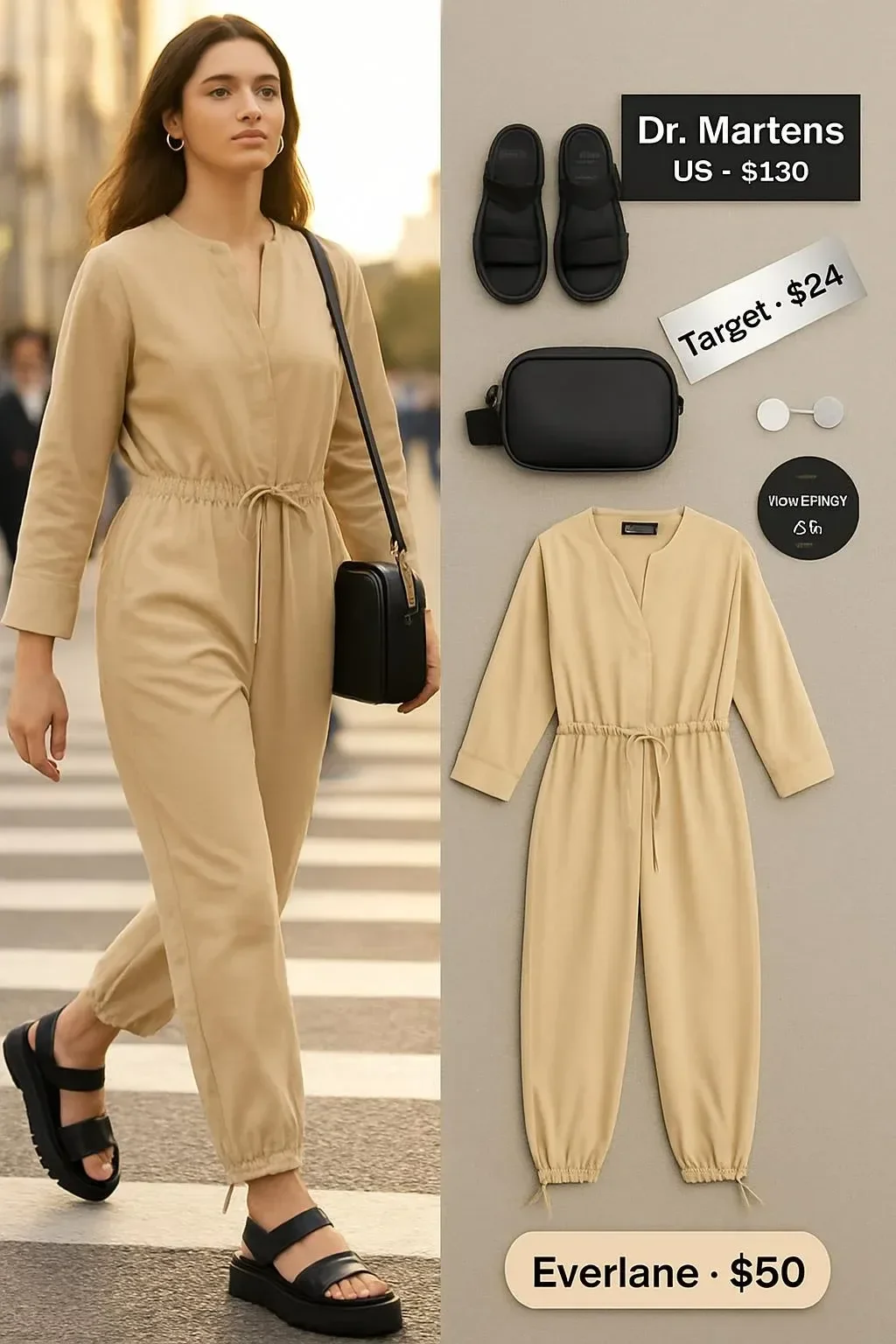 Beige utility jumpsuit outfit styled with platform sandals for a chic look.