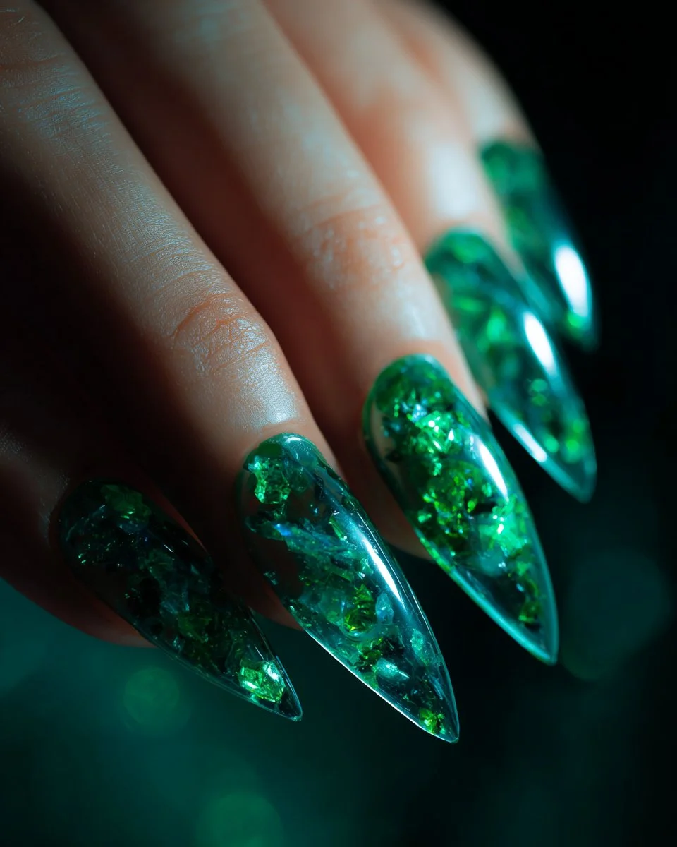 Emerald Glass St. Patrick's Day nails featuring luxury green nail art designs.