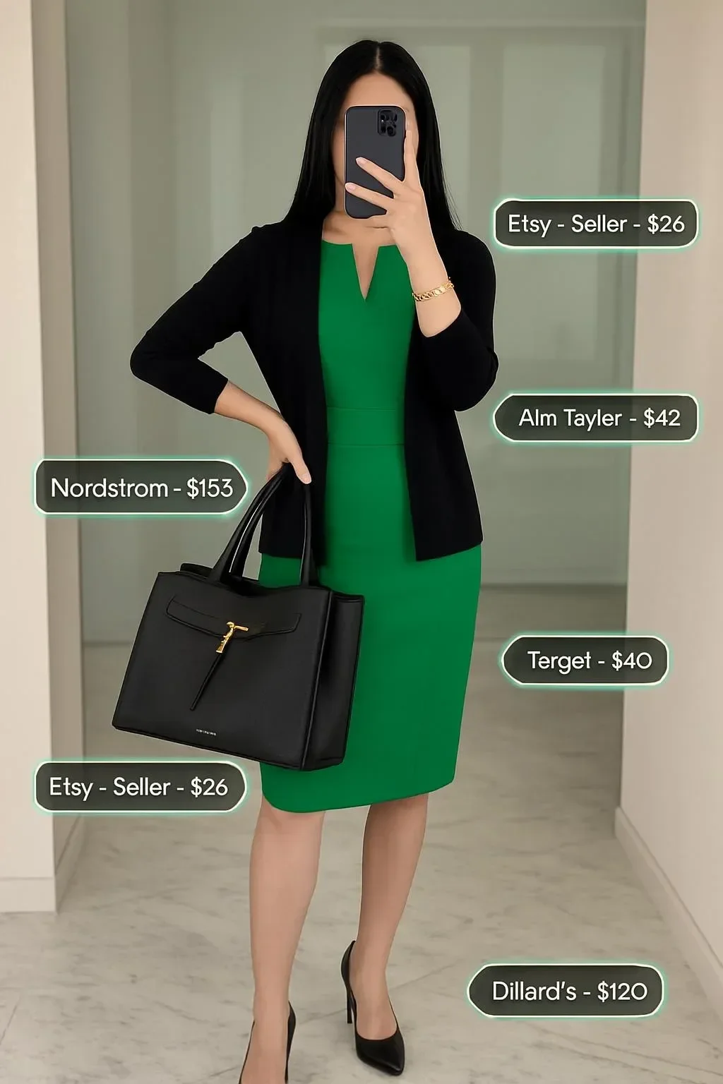Emerald green sheath dress office outfit for summer workwear